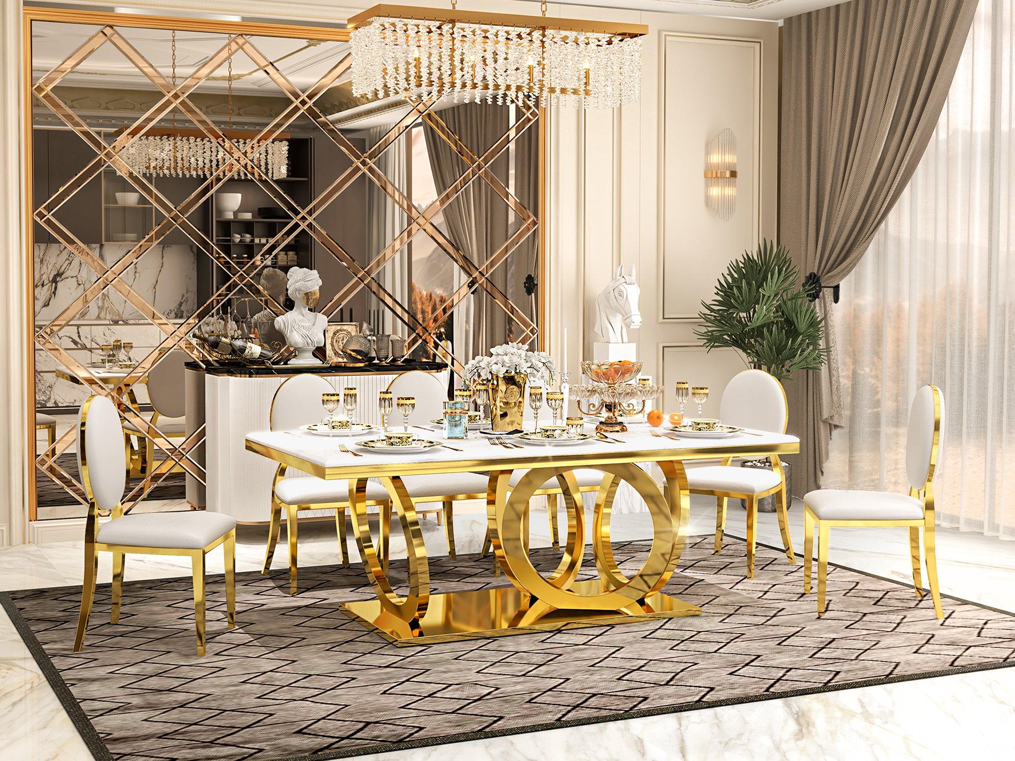 HMR - 4-Light Modern Rectangle Crystal Chandelier Gold Pendant Light Kitchen Dining Room