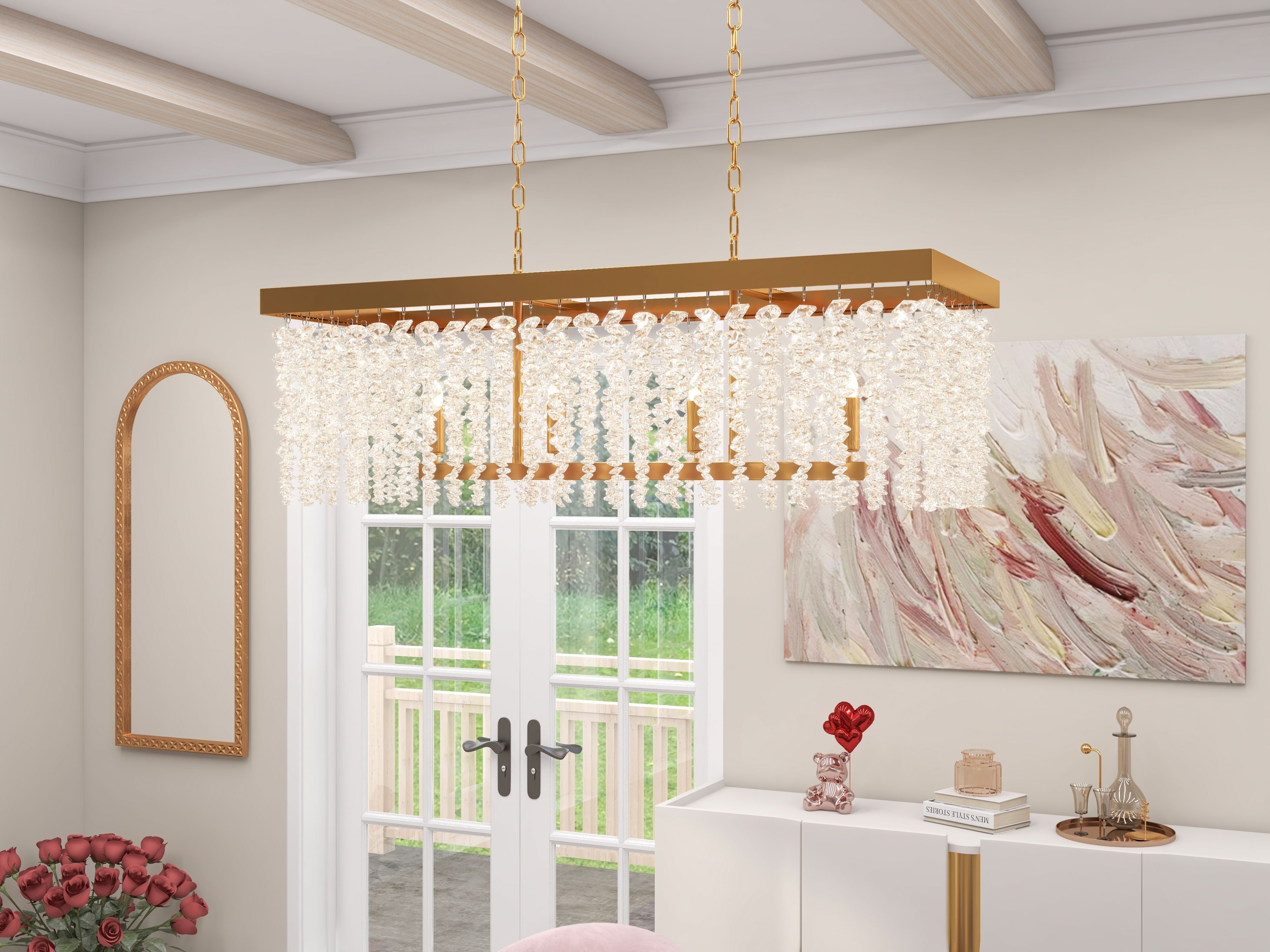HMR - 4-Light Modern Rectangle Crystal Chandelier Gold Pendant Light Kitchen Dining Room