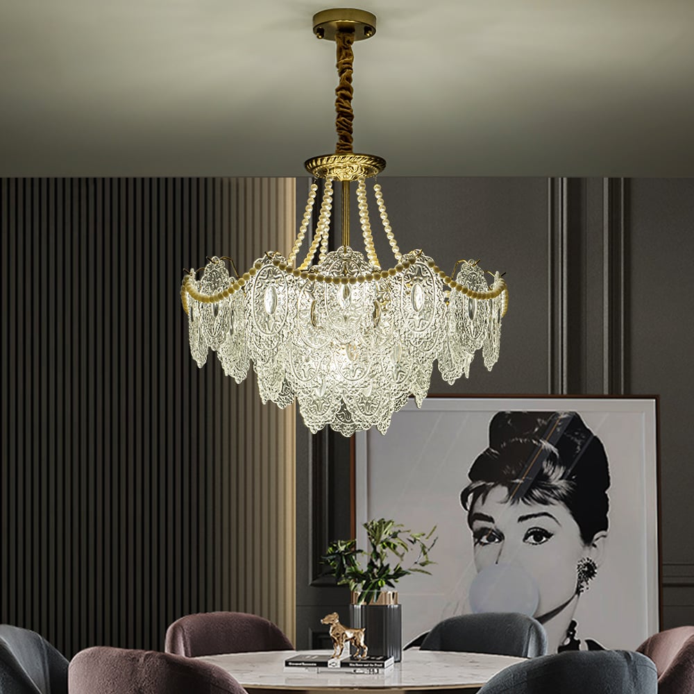 HMR - Art Deco 9-Light Tiered Glass Gold Chandelier Pearl Pendant Ceiling Light for Livingroom