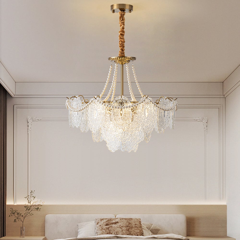 HMR - Art Deco 9-Light Tiered Glass Gold Chandelier Pearl Pendant Ceiling Light for Livingroom