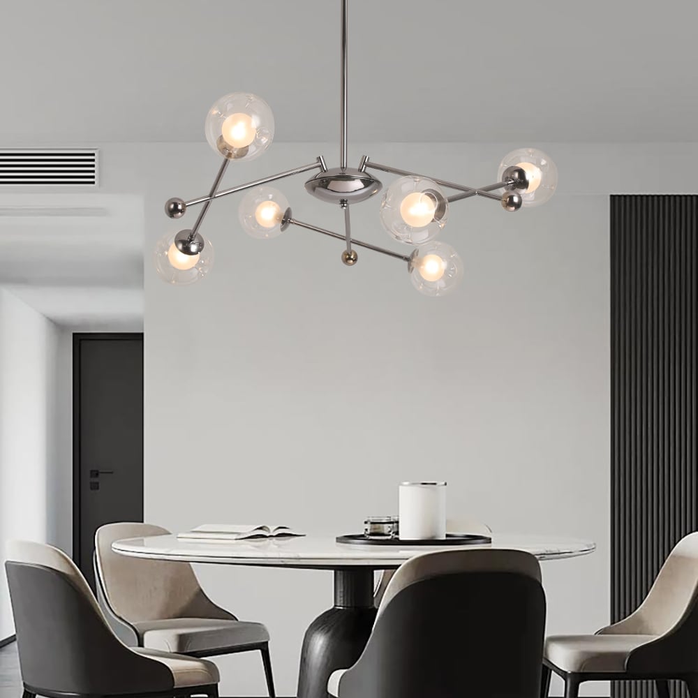 HMR - 6-Light Silver Sputnik Warm Light Chandelier Clear Glass Globe Ceiling Light
