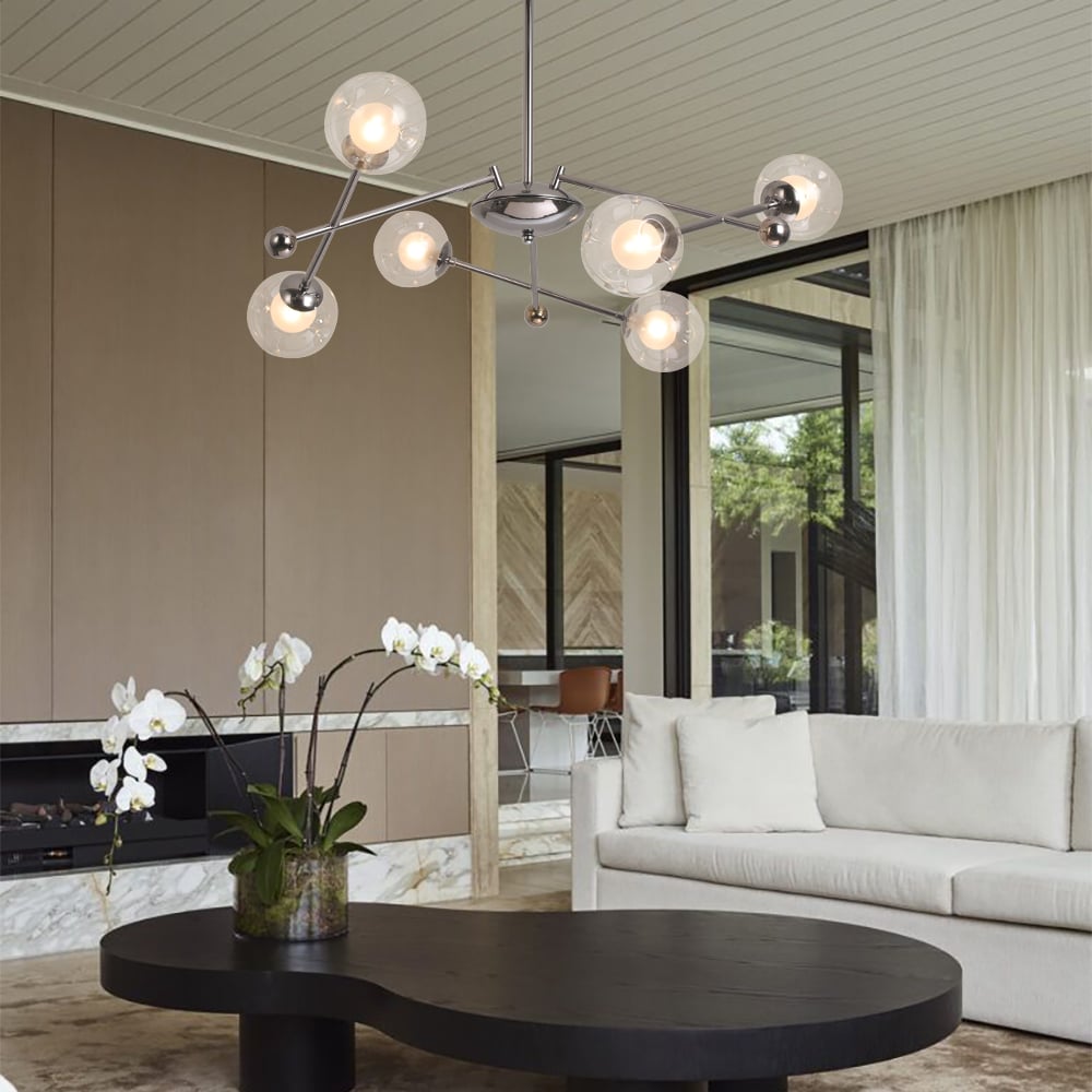 HMR - 6-Light Silver Sputnik Warm Light Chandelier Clear Glass Globe Ceiling Light