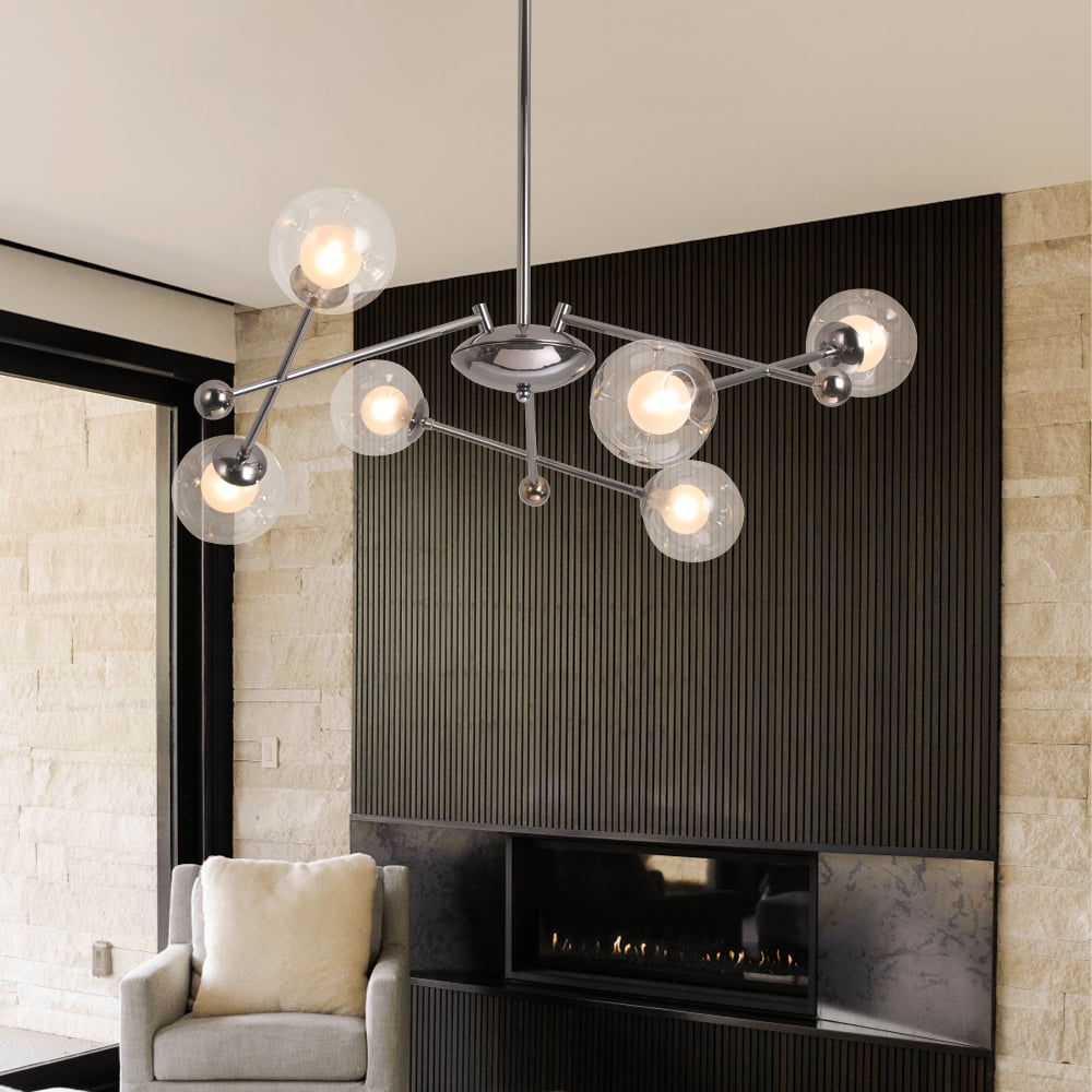 HMR - 6-Light Silver Sputnik Warm Light Chandelier Clear Glass Globe Ceiling Light