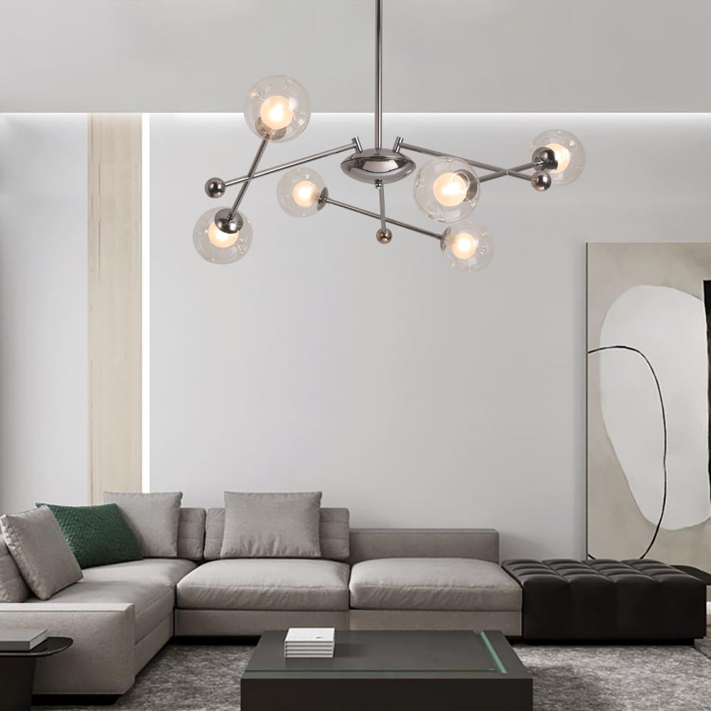 HMR - 6-Light Silver Sputnik Warm Light Chandelier Clear Glass Globe Ceiling Light