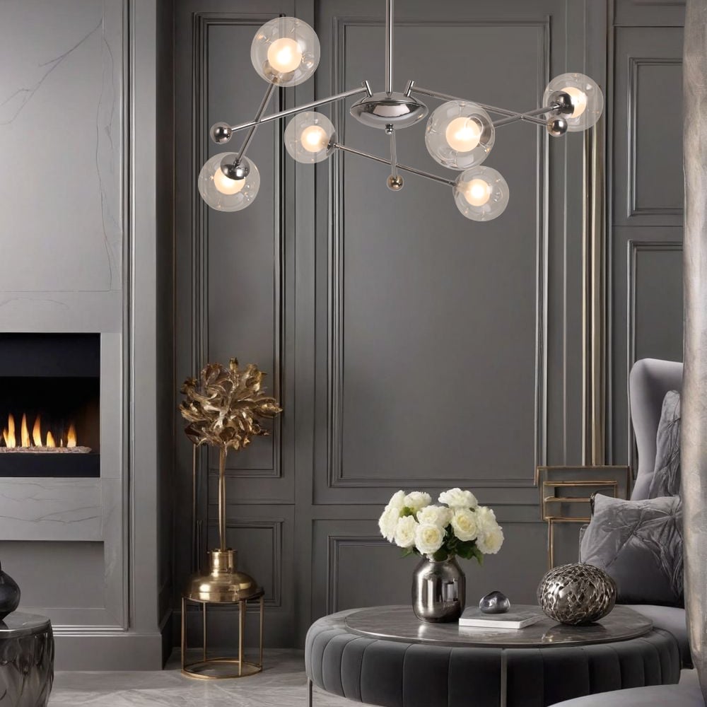 HMR - 6-Light Silver Sputnik Warm Light Chandelier Clear Glass Globe Ceiling Light