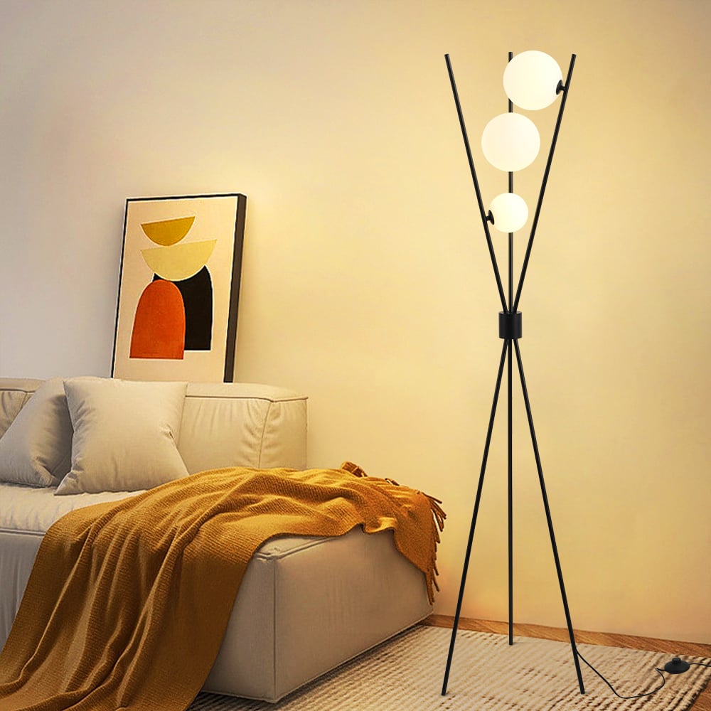 HMR - 3-Light Black Modern Tripod Floor Lamp Bedroom Bedside Standing Light with Glass Shade