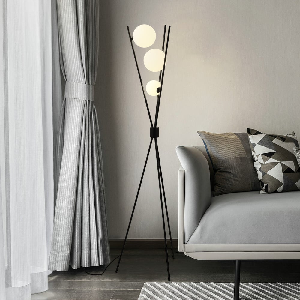 HMR - 3-Light Black Modern Tripod Floor Lamp Bedroom Bedside Standing Light with Glass Shade