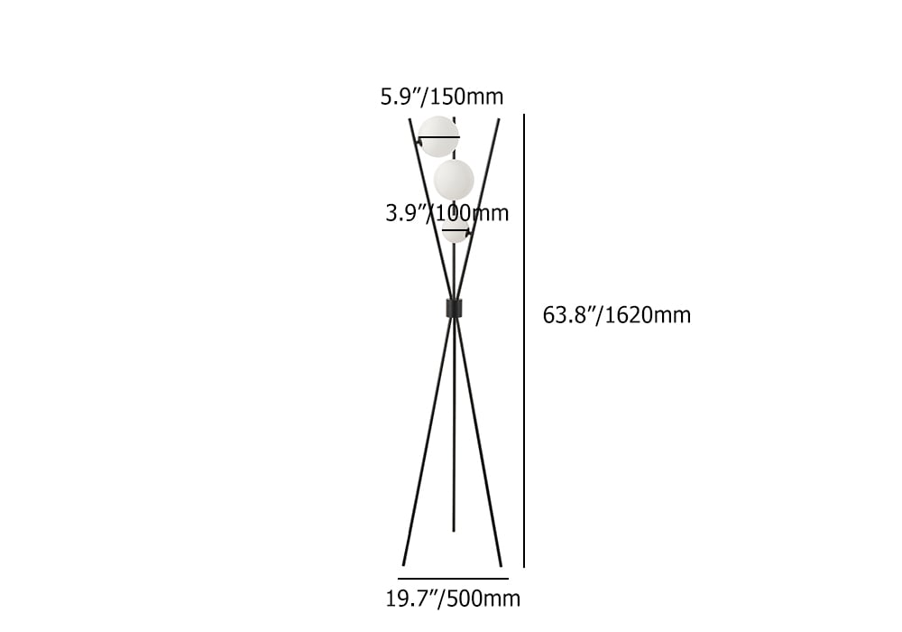 HMR - 3-Light Black Modern Tripod Floor Lamp Bedroom Bedside Standing Light with Glass Shade
