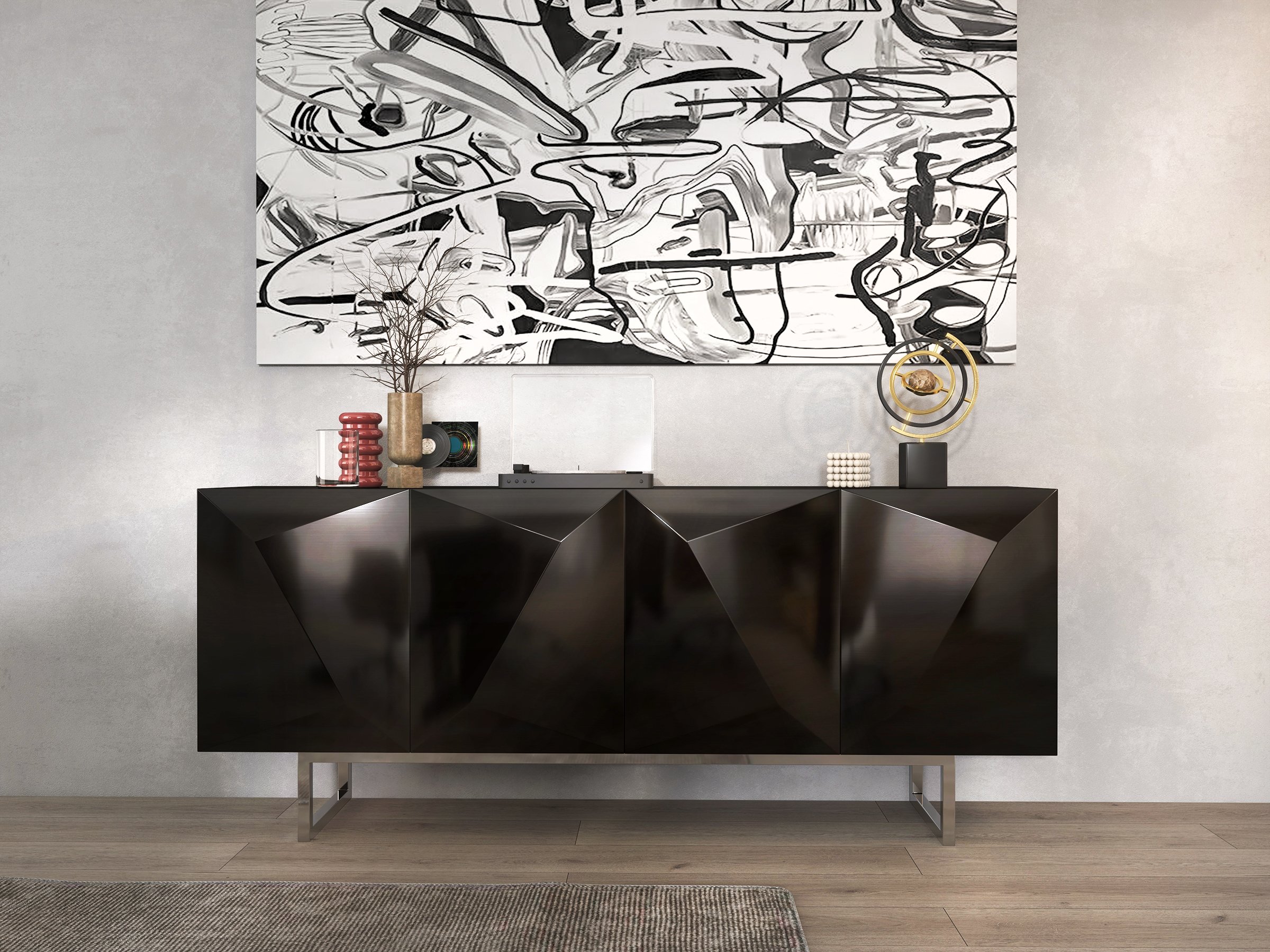 HMR 71" Modern Wood Sideboard and Buffets with 4 Doors Adjustable Shelves - Black