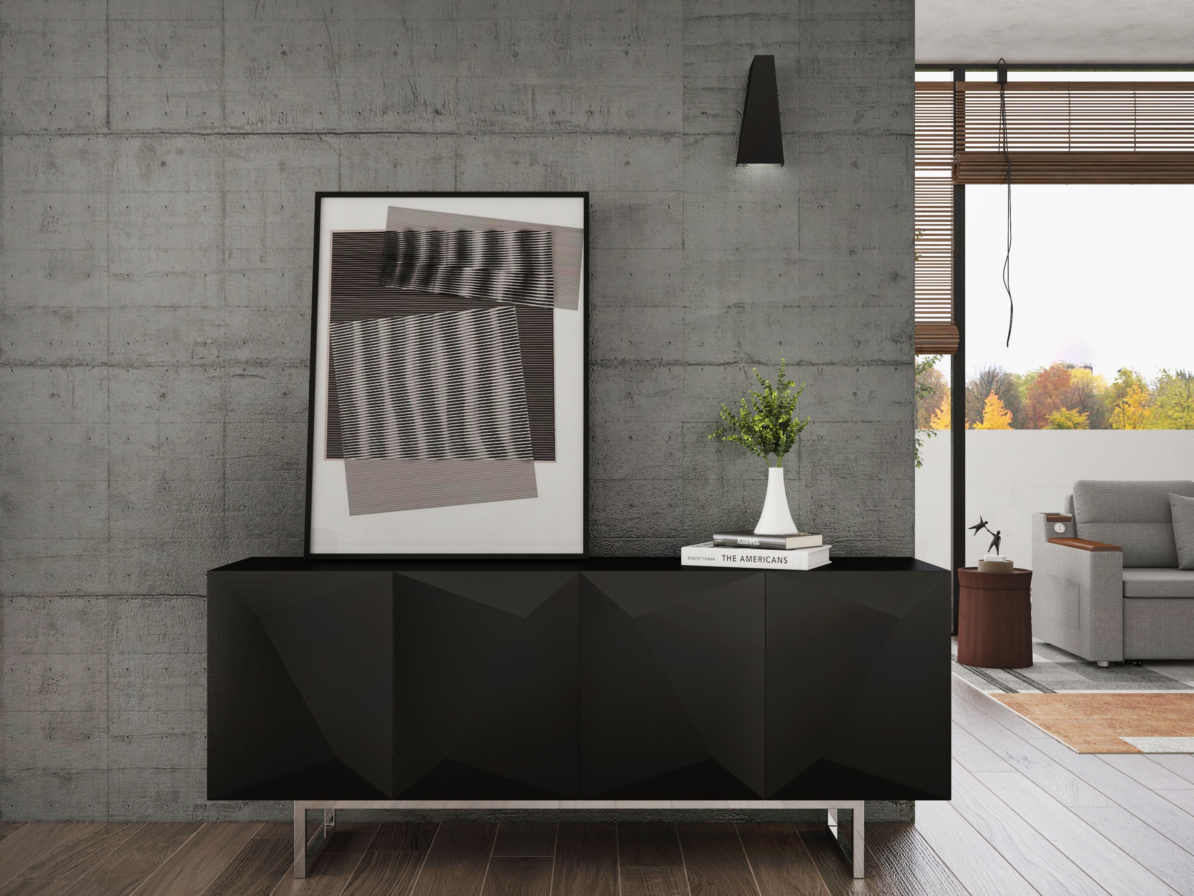 HMR 71" Modern Wood Sideboard and Buffets with 4 Doors Adjustable Shelves - Black