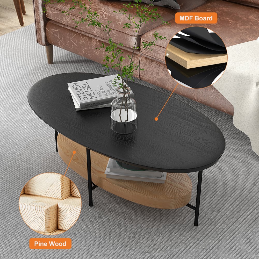 HMR Modern Oval Coffee Table with Storage Shelf - Black/Natural