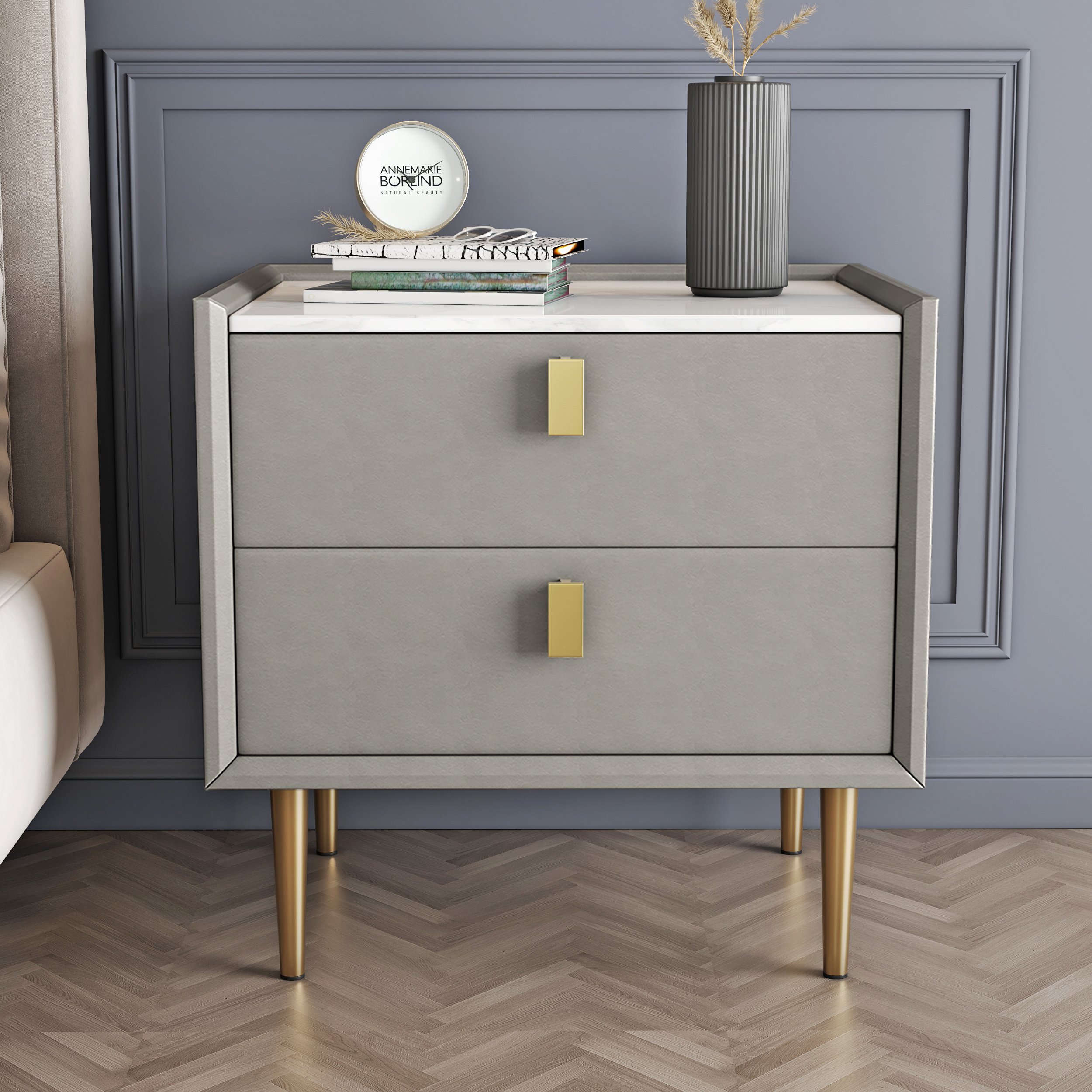 HMR Modern 2-Drawer Nightstand - Light Gray, Leather