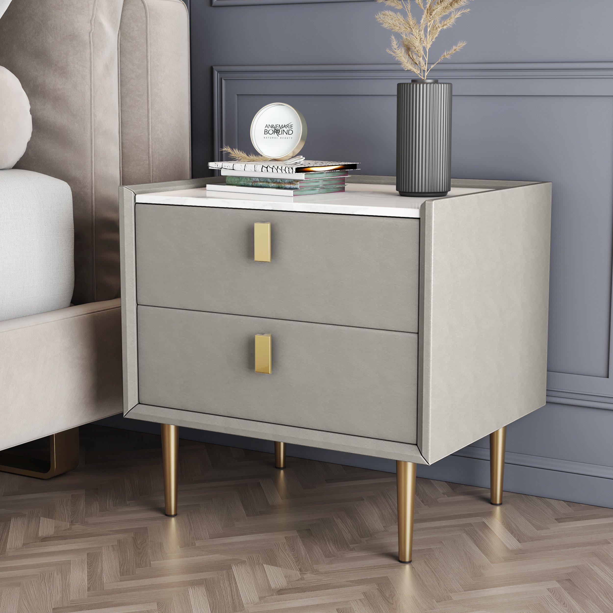 HMR Modern 2-Drawer Nightstand - Light Gray, Leather