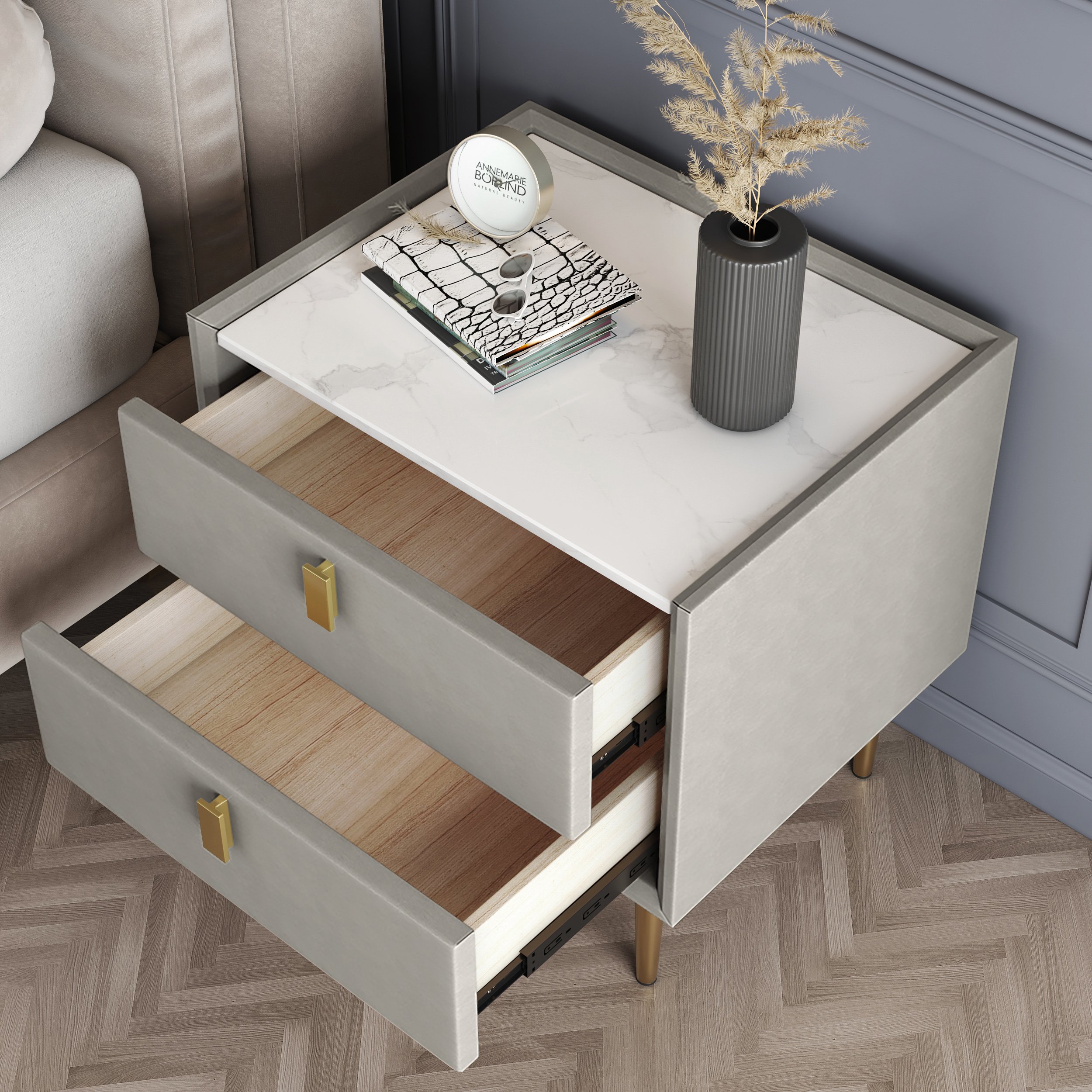 HMR Modern 2-Drawer Nightstand - Light Gray, Leather