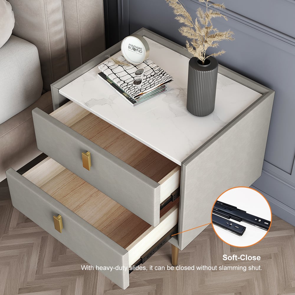 HMR Modern 2-Drawer Nightstand - Light Gray, Leather