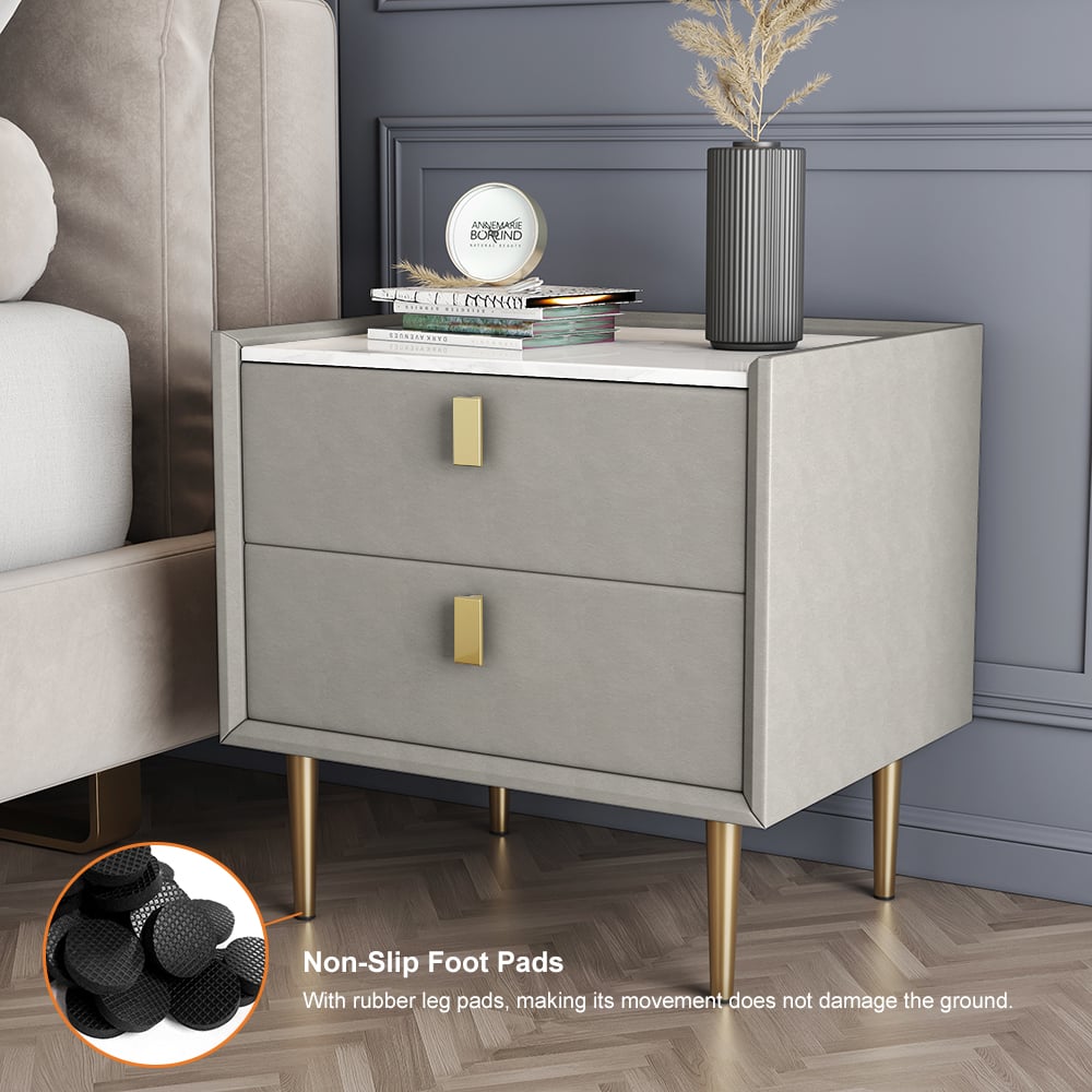 HMR Modern 2-Drawer Nightstand - Light Gray, Leather