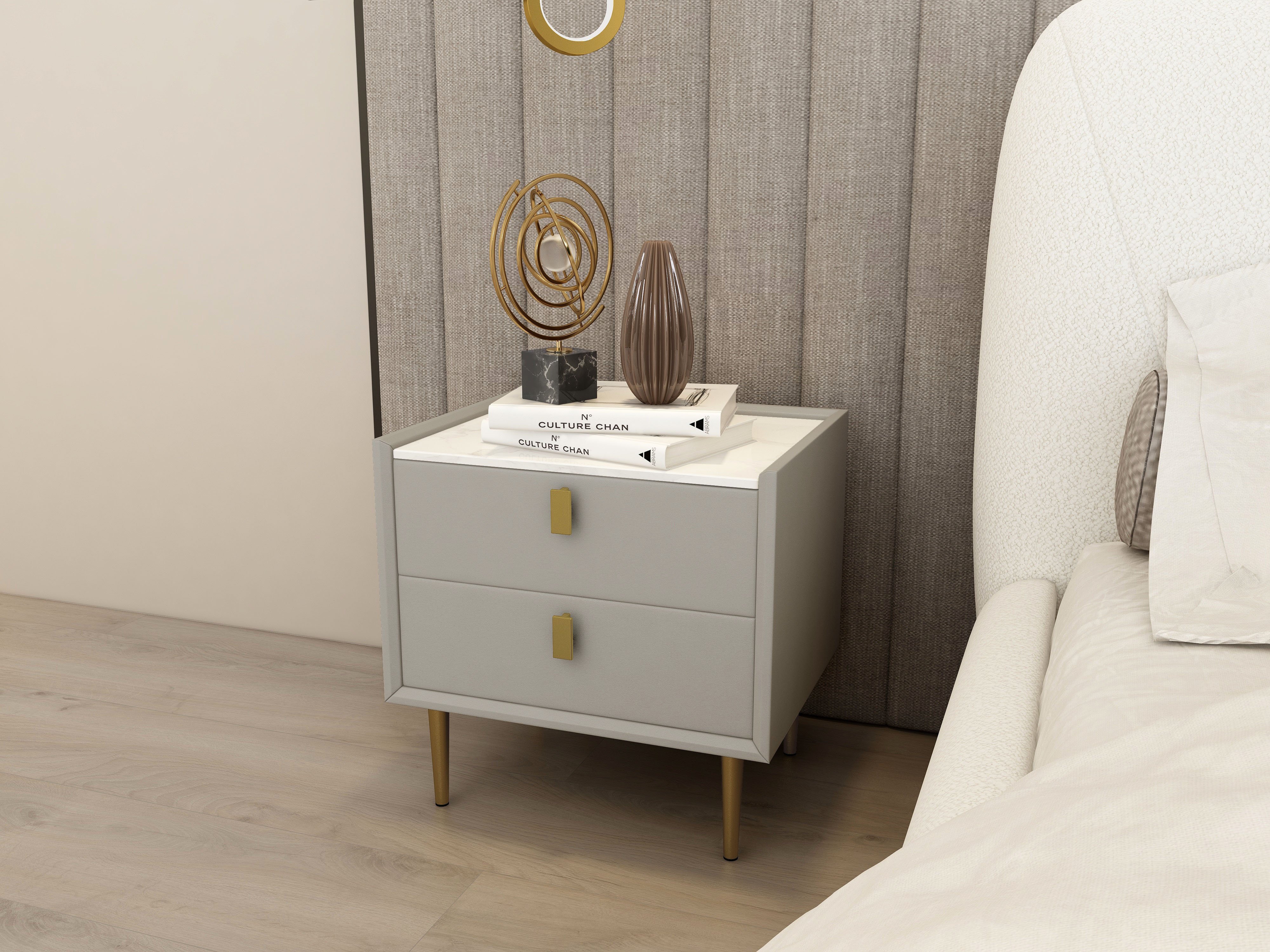 HMR Modern 2-Drawer Nightstand - Light Gray, Leather