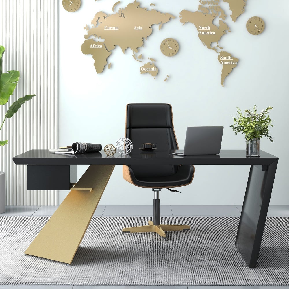 HMR Cabstract Series Modern 63" Office Desk with Drawer - Black/Gold