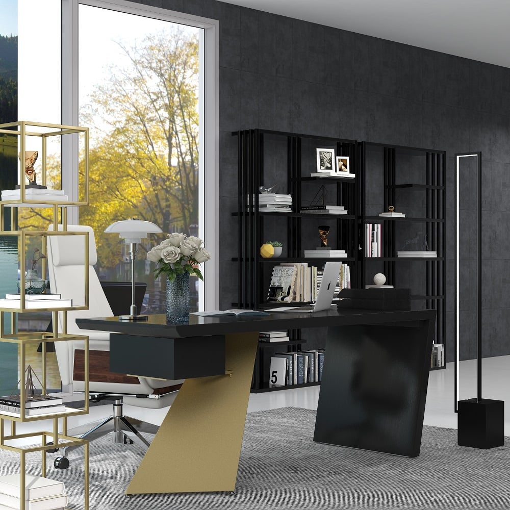 HMR Cabstract Series Modern 63" Office Desk with Drawer - Black/Gold