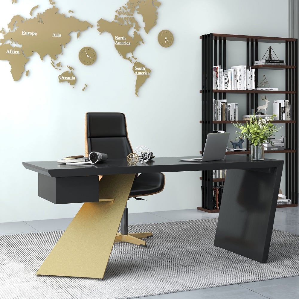 HMR Cabstract Series Modern 63" Office Desk with Drawer - Black/Gold