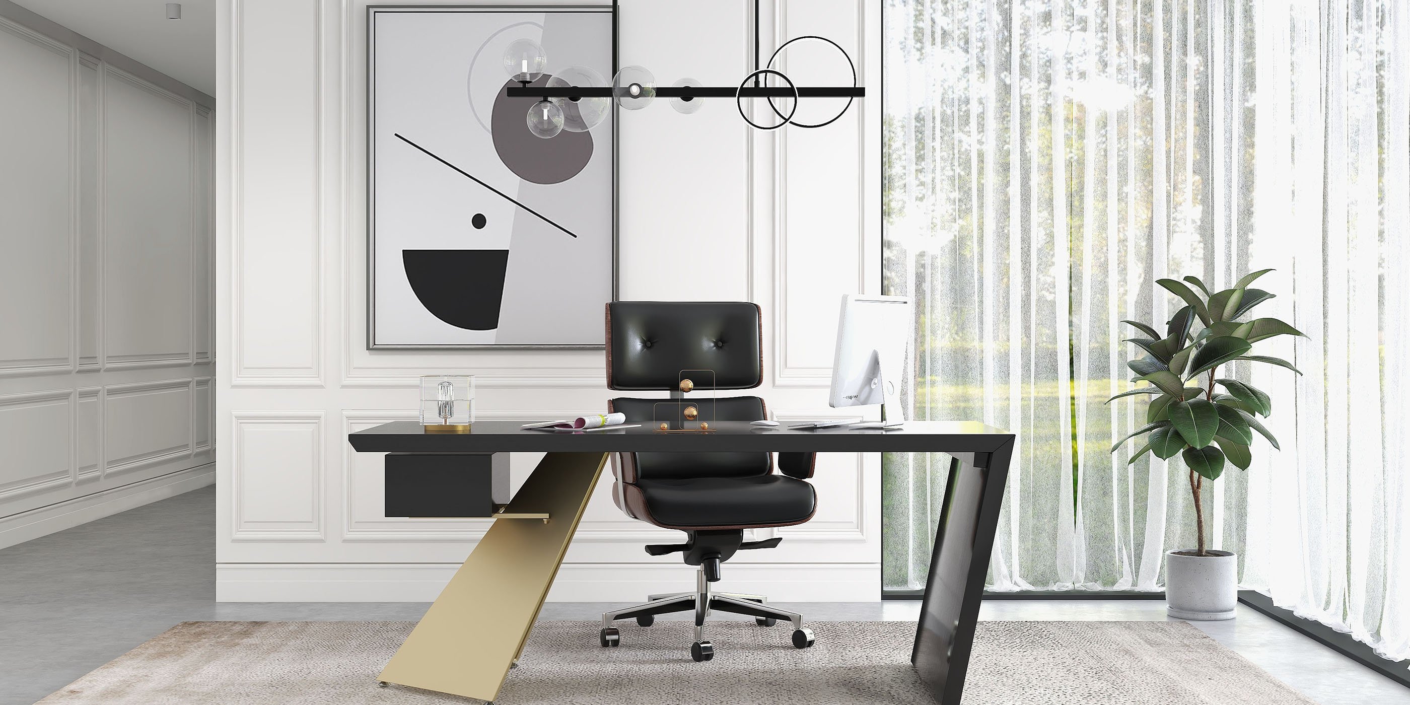 HMR Cabstract Series Modern 63" Office Desk with Drawer - Black/Gold