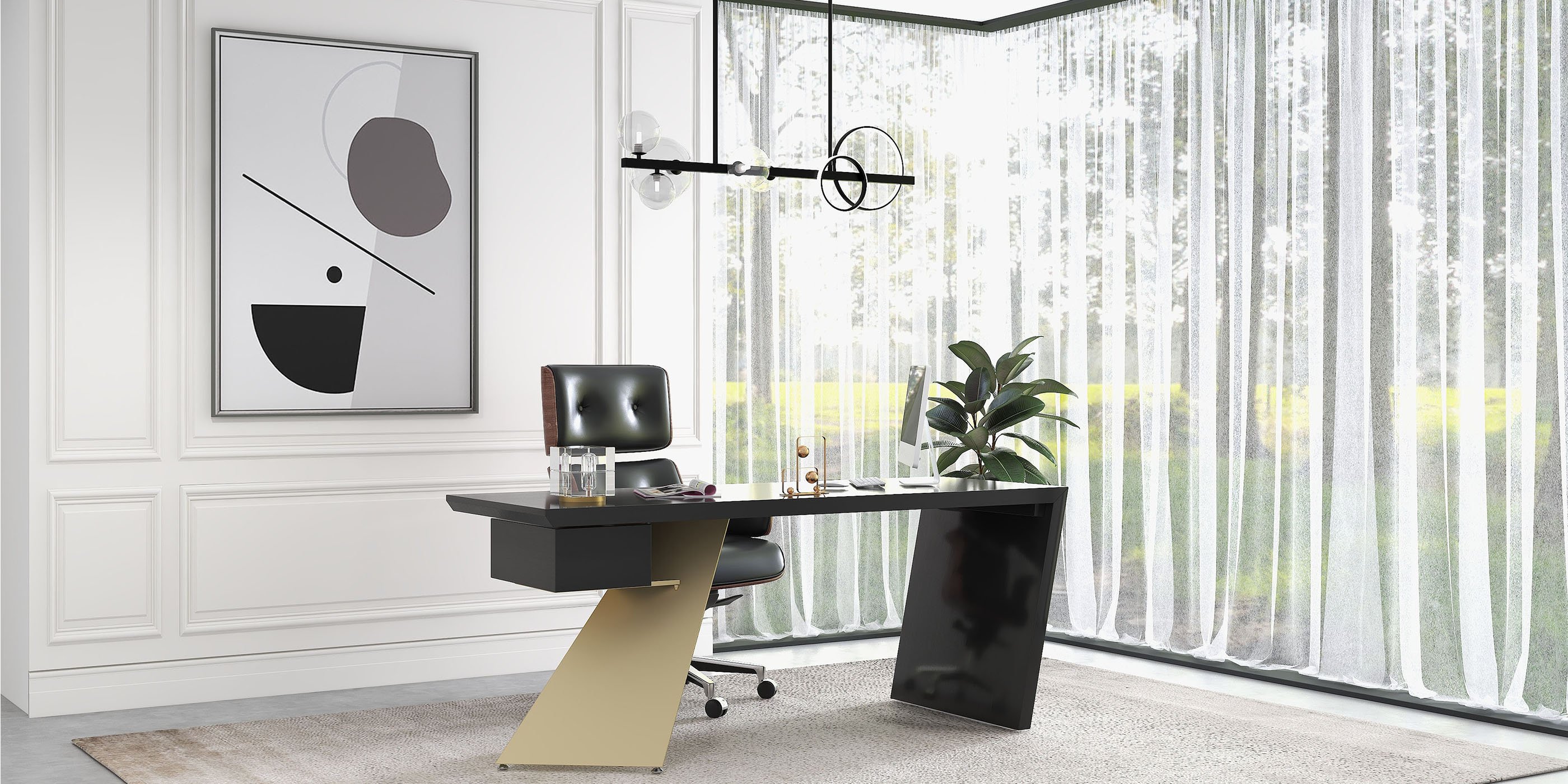 HMR Cabstract Series Modern 63" Office Desk with Drawer - Black/Gold
