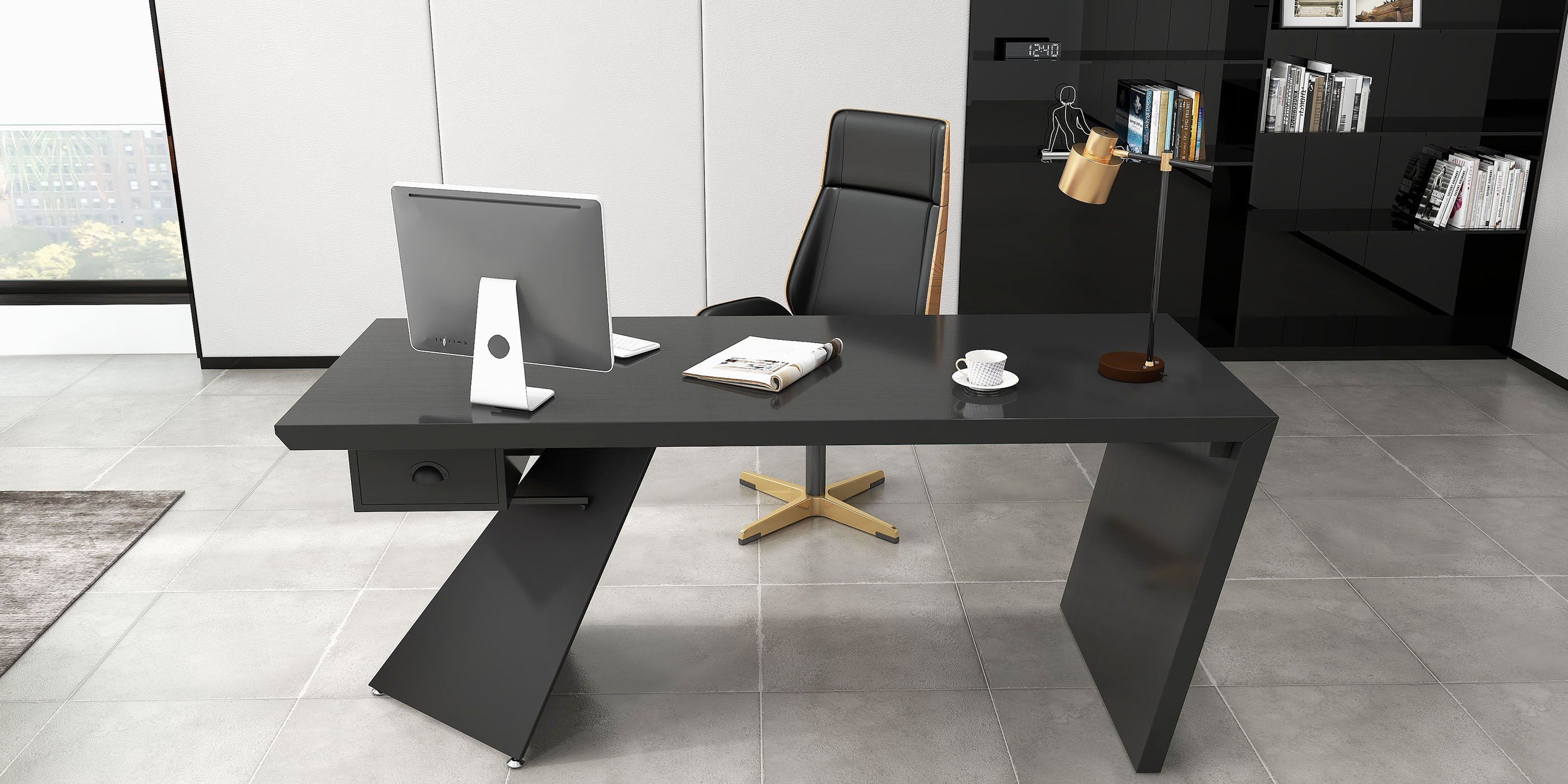 HMR Cabstract Series Modern 63" Office Desk with Drawer - Black