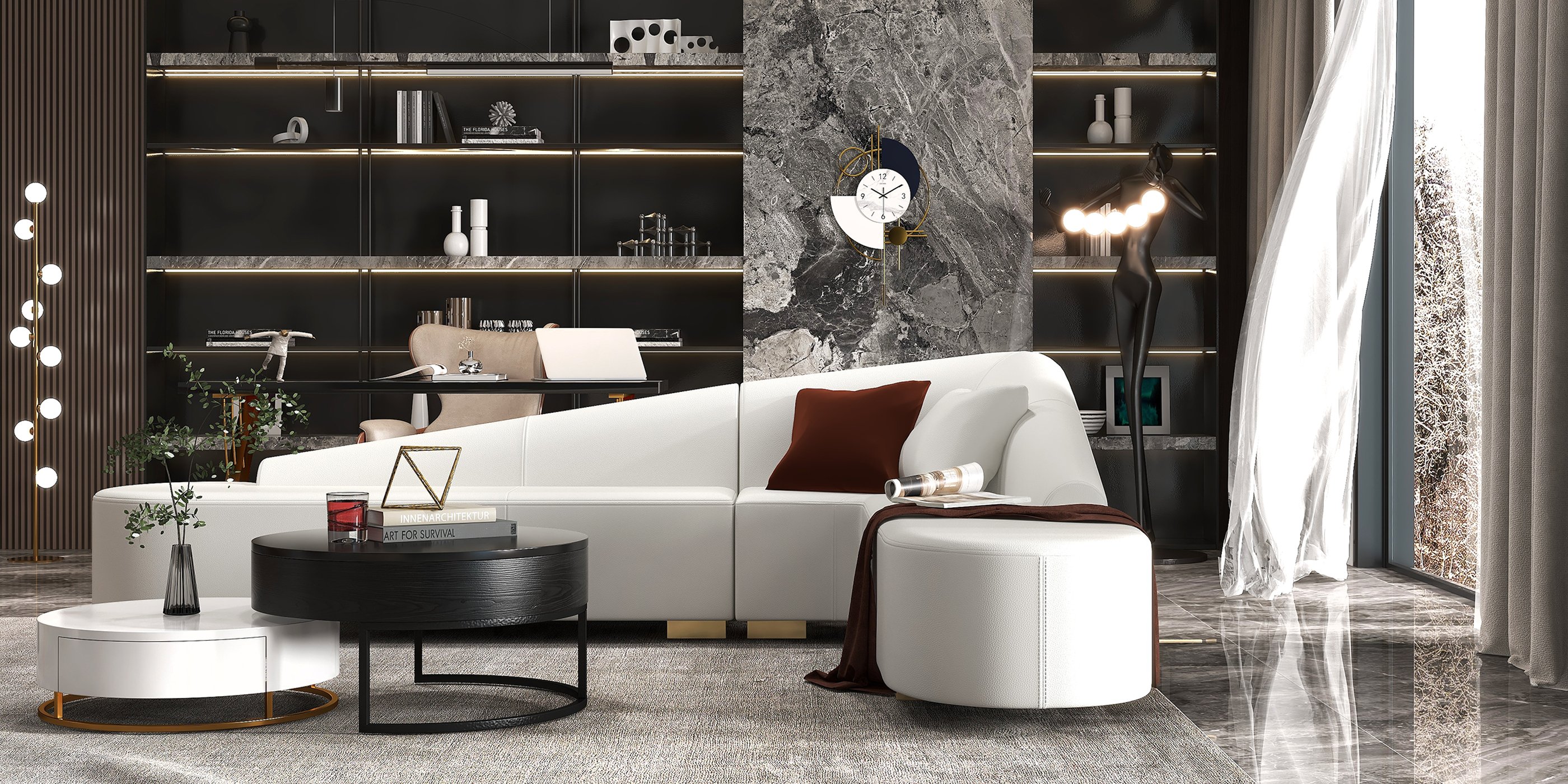HMR Modern 6-Seater L-Shaped Corner Faux Leather Upholstery Sectional Sofa - White