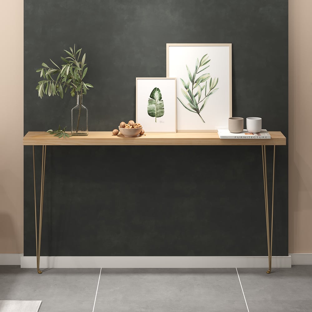 HMR Rustic Narrow Rectangular 59" Console Table with Wooden Top & Metal Legs - Natural