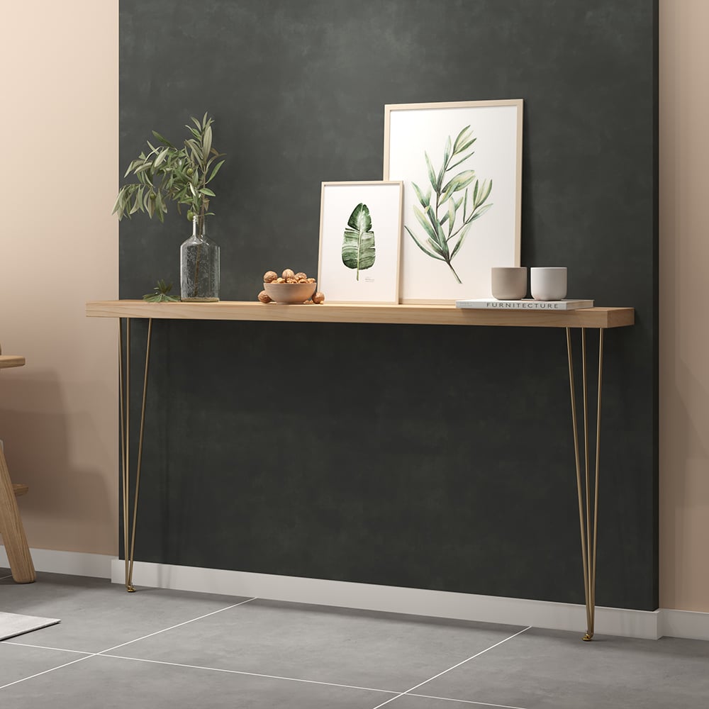 HMR Rustic Narrow Rectangular 59" Console Table with Wooden Top & Metal Legs - Natural