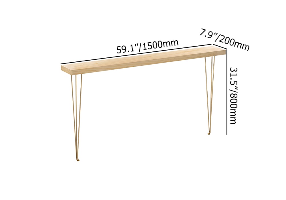 HMR Rustic Narrow Rectangular 59" Console Table with Wooden Top & Metal Legs - Natural
