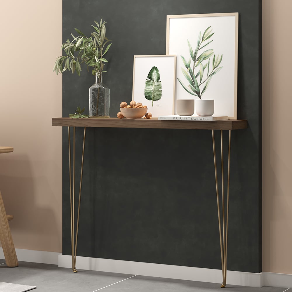 HMR Rustic Narrow Rectangular 39" Console Table with Wooden Top & Metal Legs - Walnut
