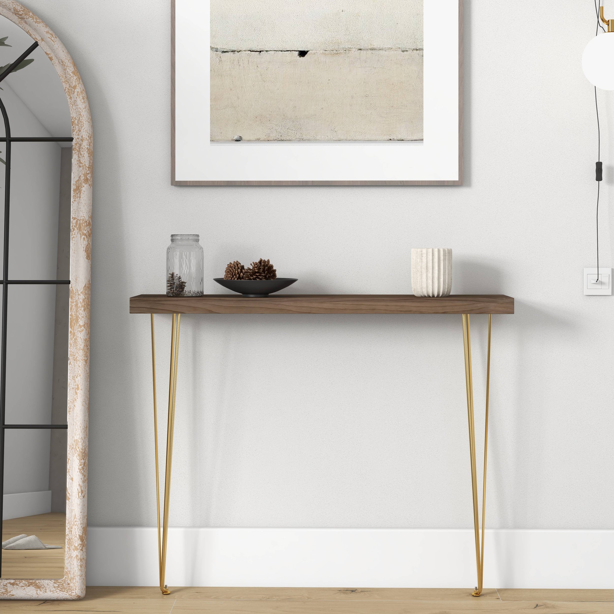 HMR Rustic Narrow Rectangular 39" Console Table with Wooden Top & Metal Legs - Walnut
