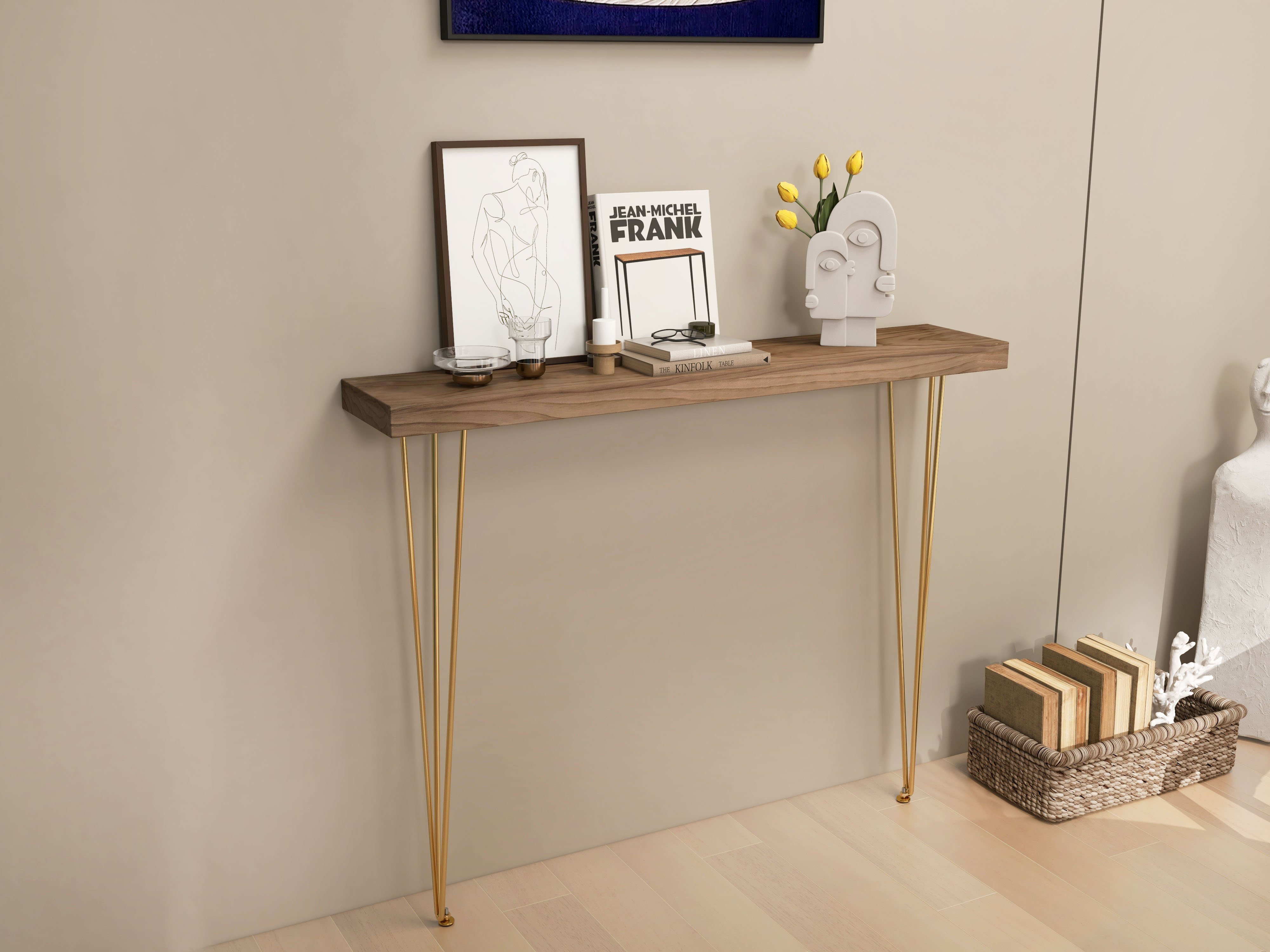 HMR Rustic Narrow Rectangular 39" Console Table with Wooden Top & Metal Legs - Walnut