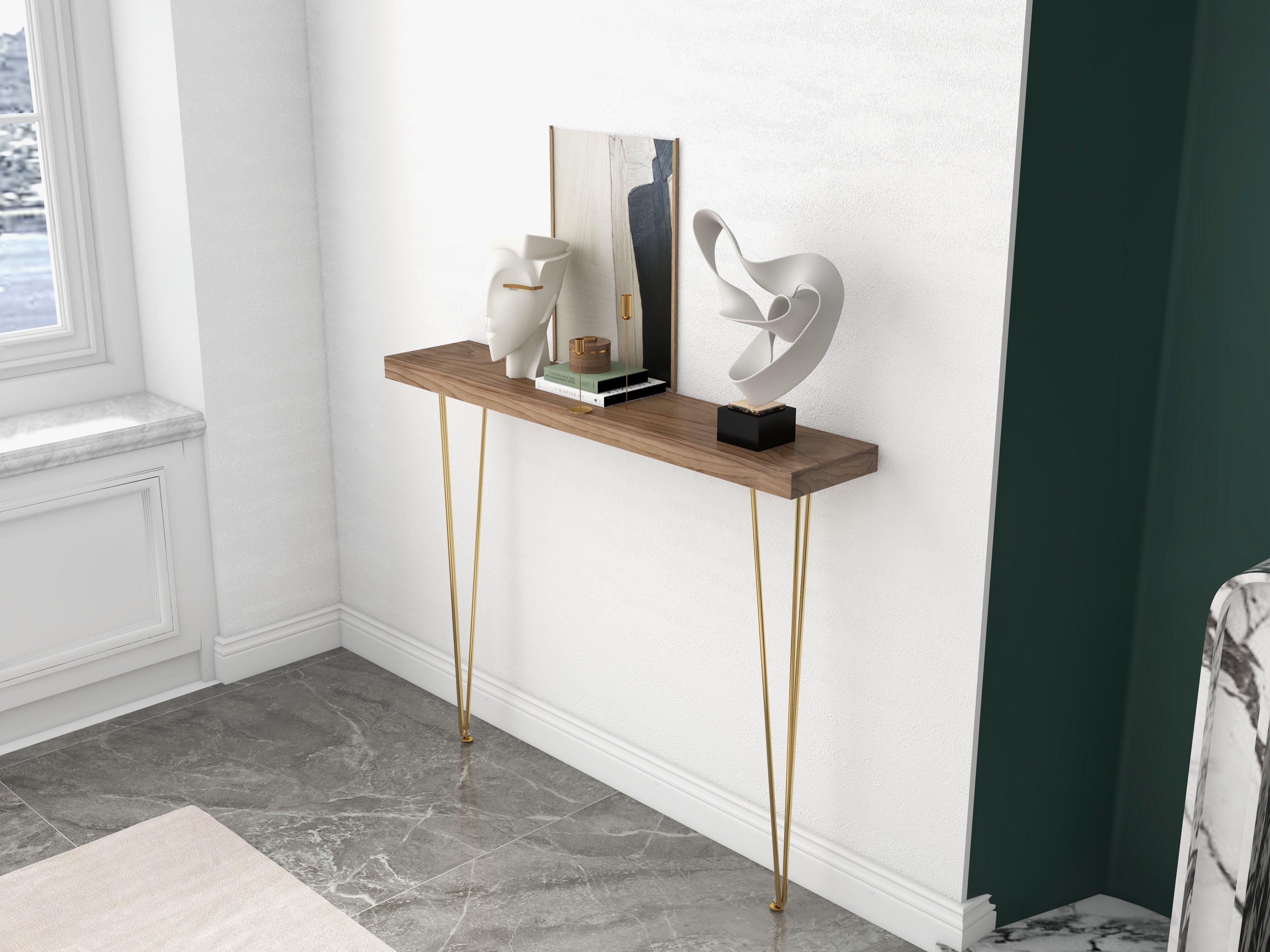 HMR Rustic Narrow Rectangular 39" Console Table with Wooden Top & Metal Legs - Walnut