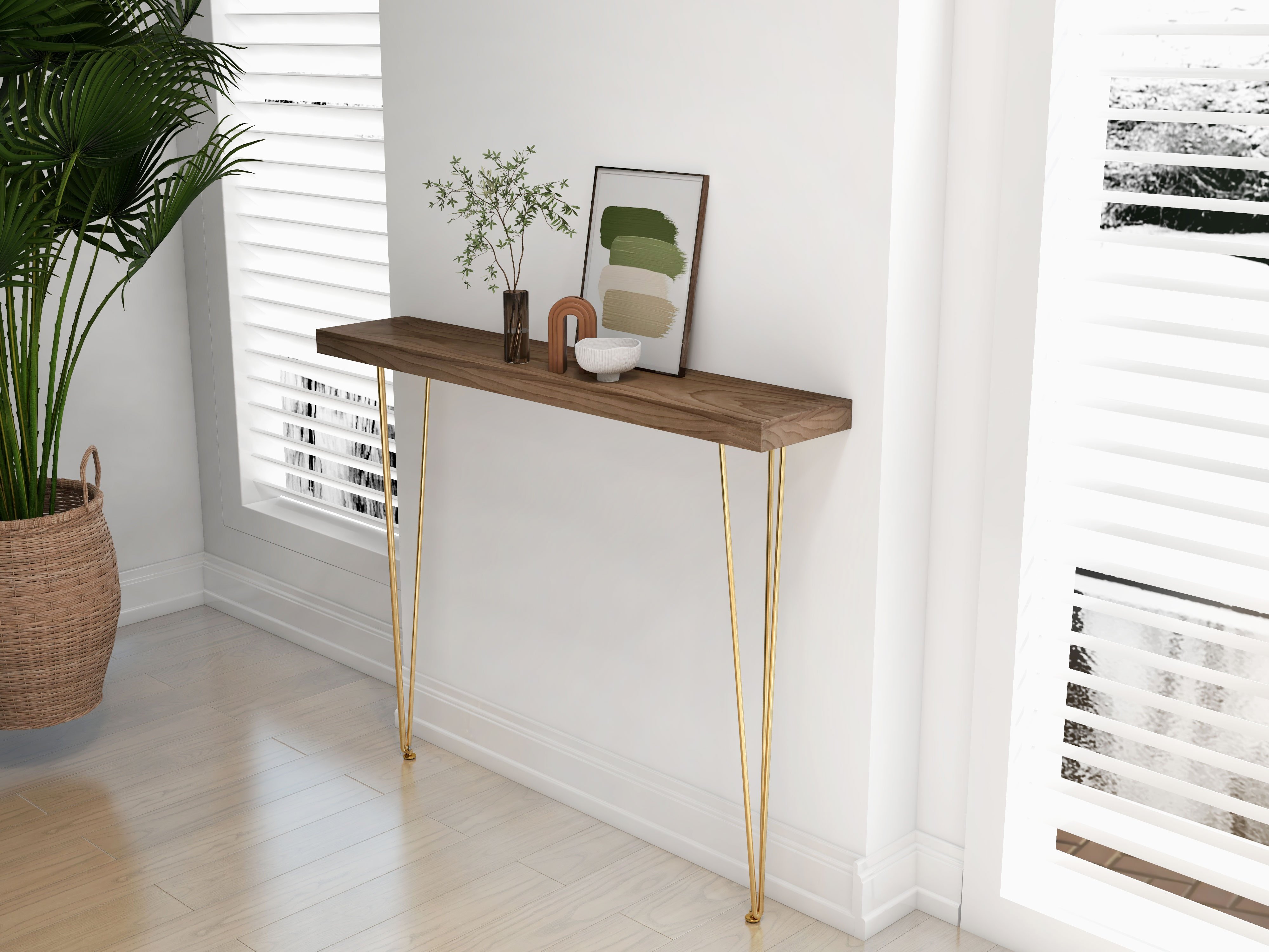 HMR Rustic Narrow Rectangular 39" Console Table with Wooden Top & Metal Legs - Walnut