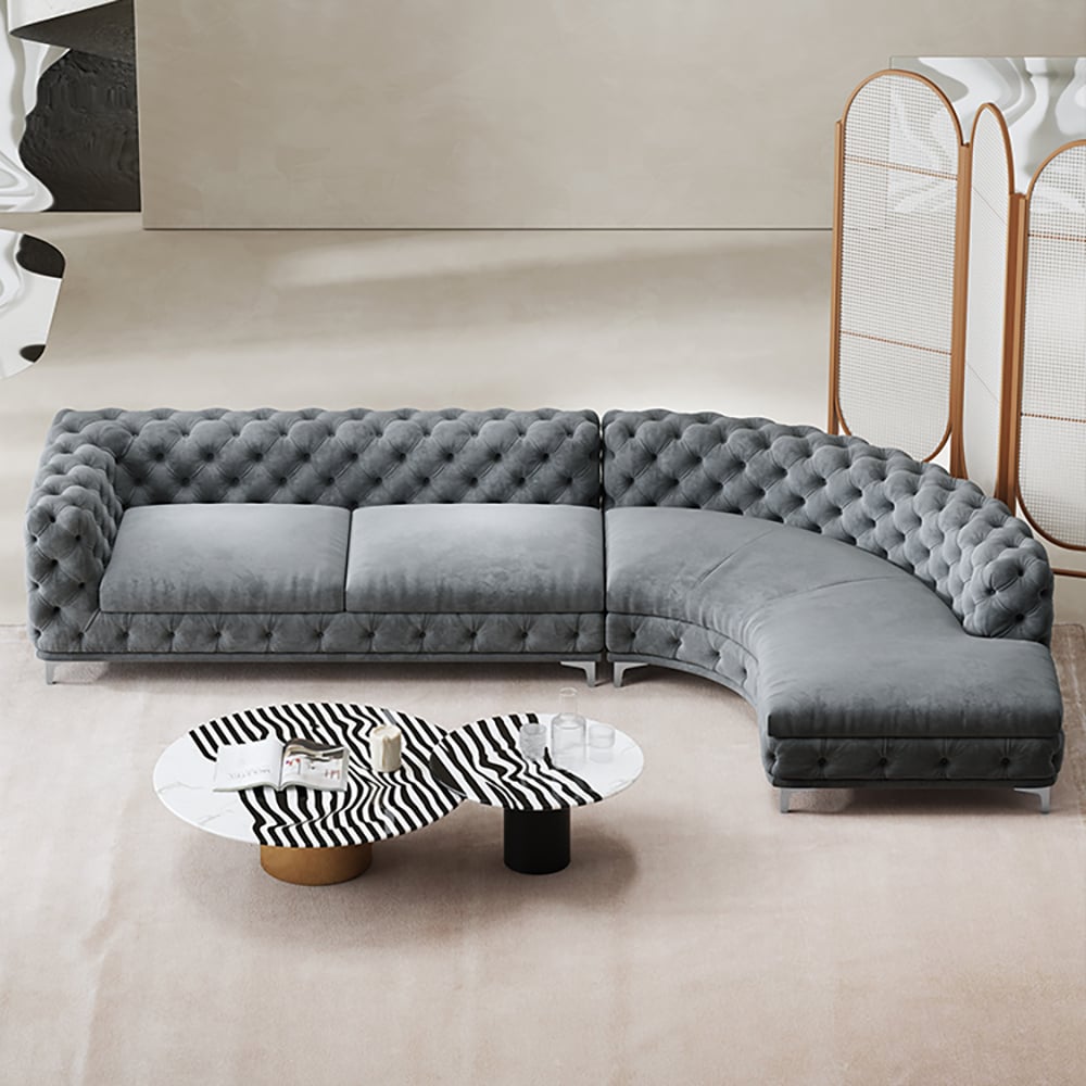 HMR - L-Shaped Curved Gray Sectional Sofa Upholstered Velvet Chesterfield Sofa