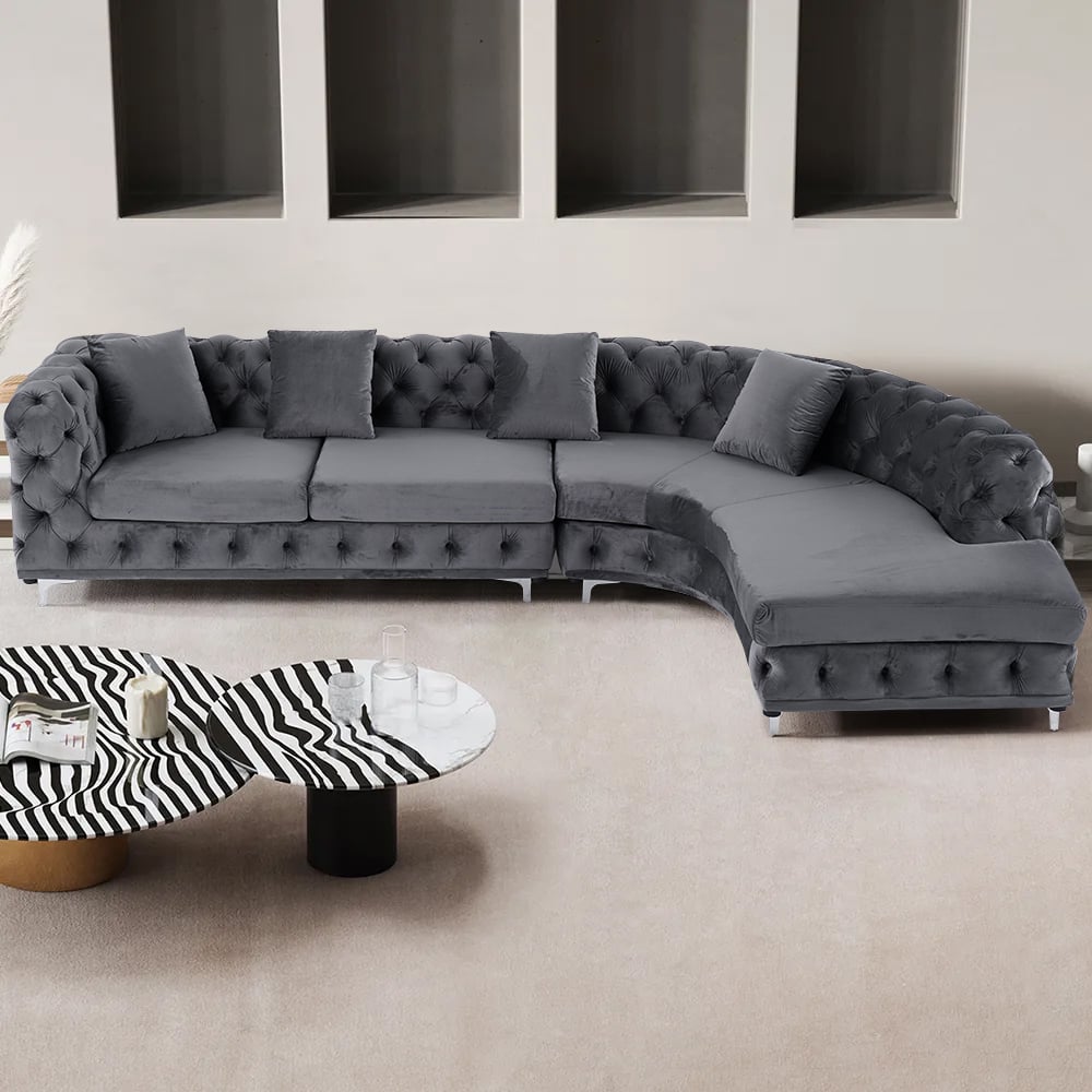 HMR - L-Shaped Curved Gray Sectional Sofa Upholstered Velvet Chesterfield Sofa