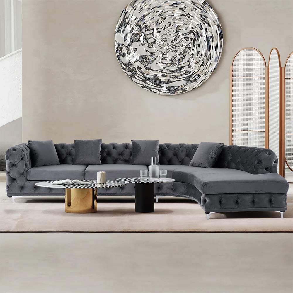 HMR - L-Shaped Curved Gray Sectional Sofa Upholstered Velvet Chesterfield Sofa