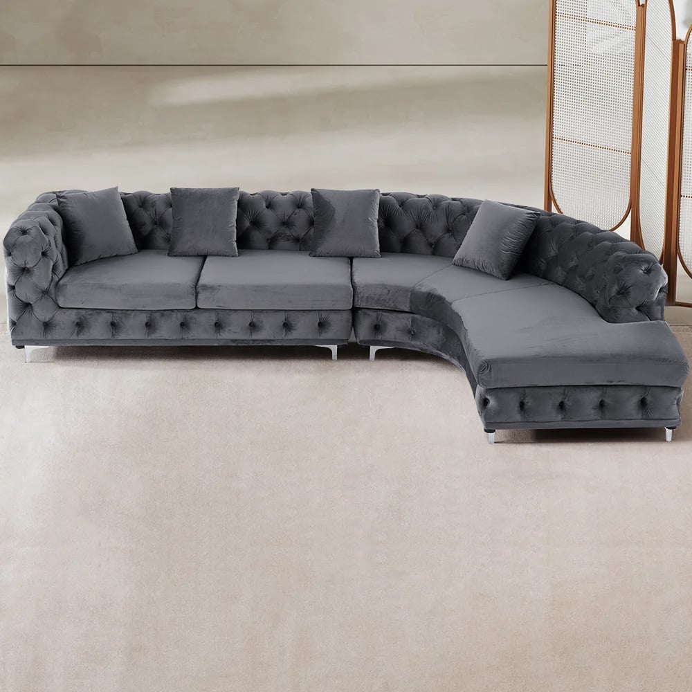 HMR - L-Shaped Curved Gray Sectional Sofa Upholstered Velvet Chesterfield Sofa
