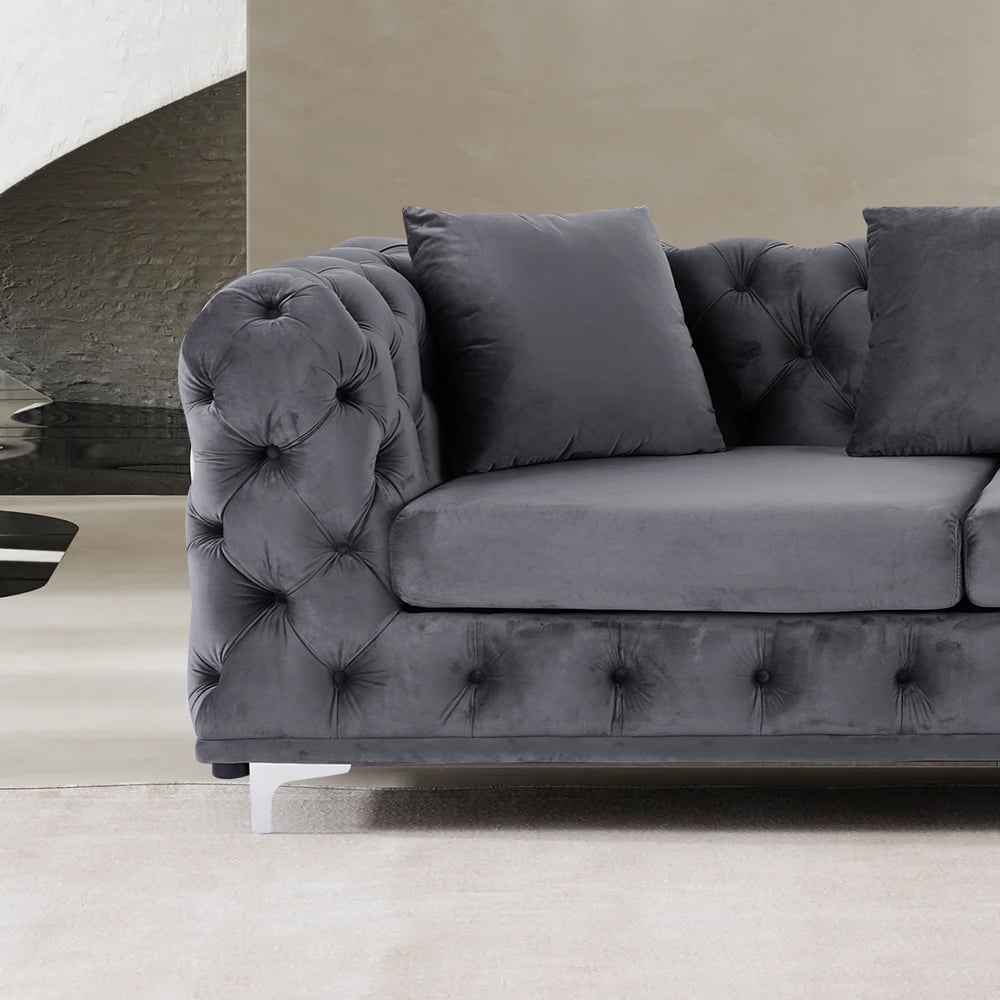 HMR - L-Shaped Curved Gray Sectional Sofa Upholstered Velvet Chesterfield Sofa