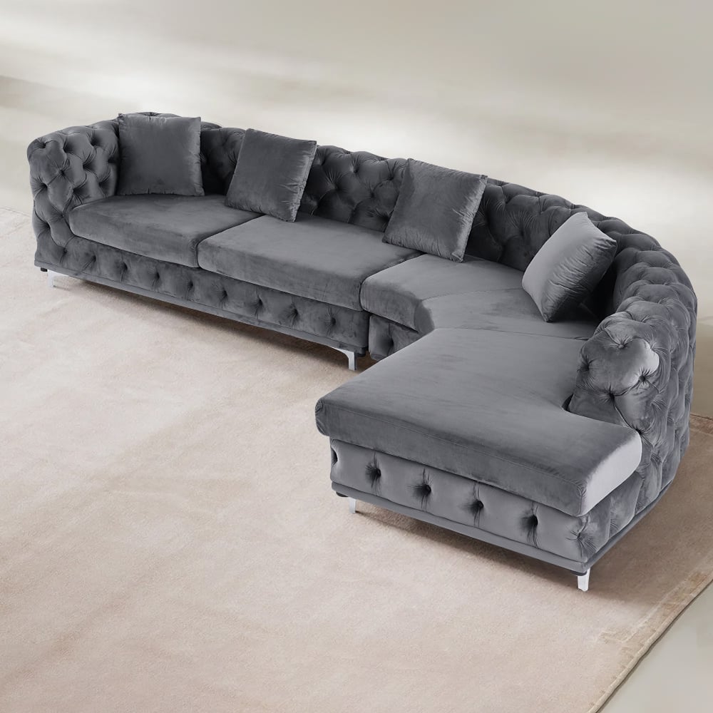 HMR - L-Shaped Curved Gray Sectional Sofa Upholstered Velvet Chesterfield Sofa