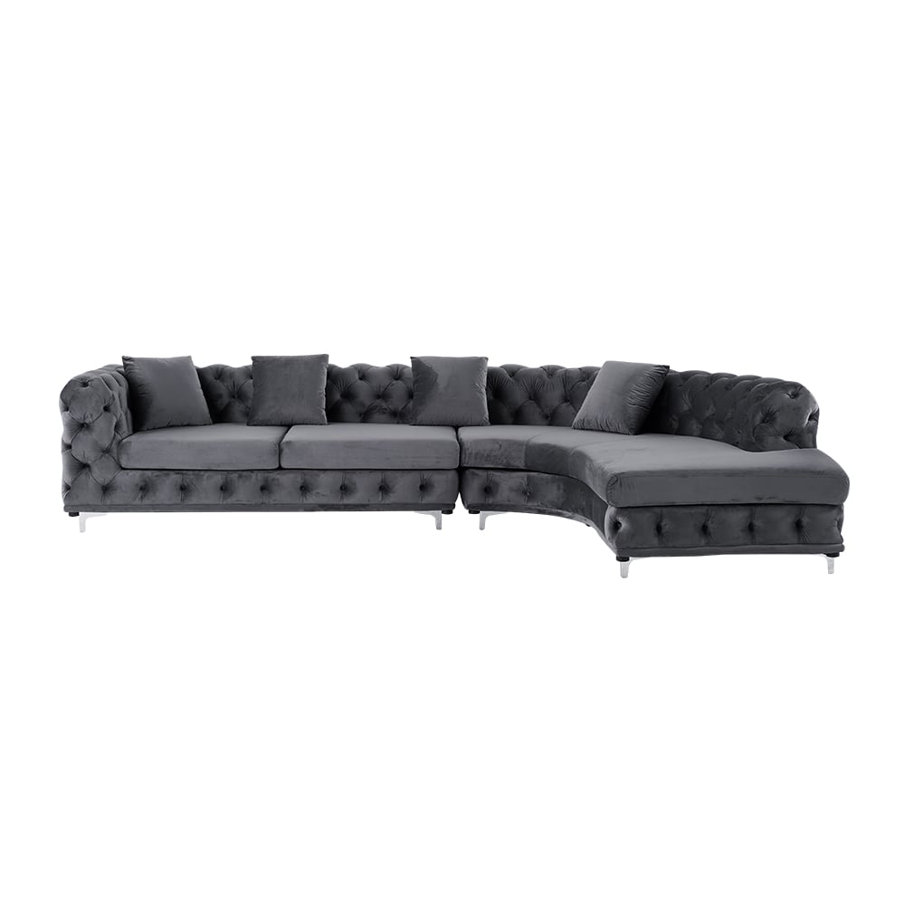 HMR - L-Shaped Curved Gray Sectional Sofa Upholstered Velvet Chesterfield Sofa