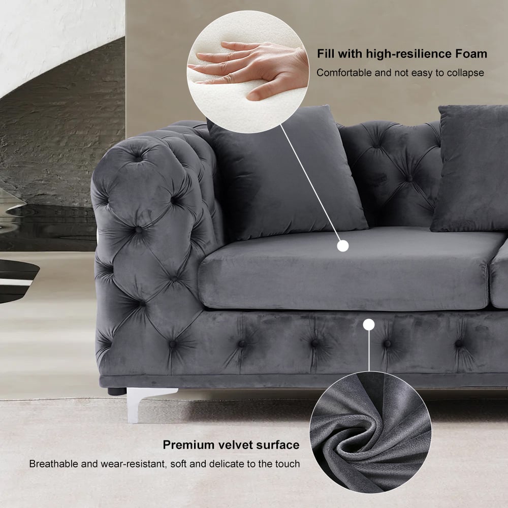HMR - L-Shaped Curved Gray Sectional Sofa Upholstered Velvet Chesterfield Sofa