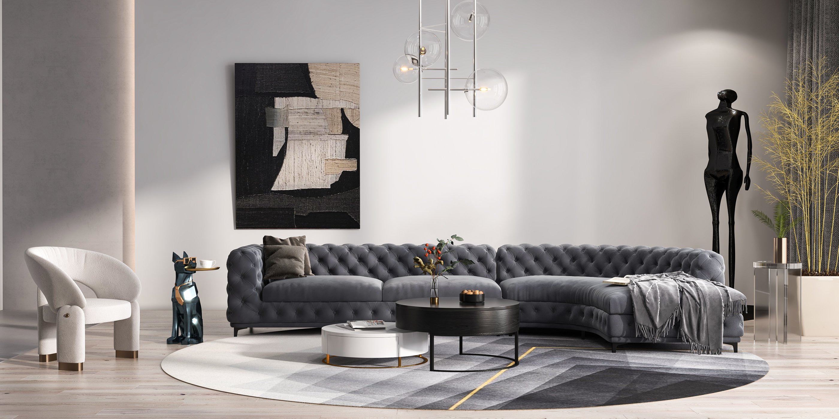 HMR - L-Shaped Curved Gray Sectional Sofa Upholstered Velvet Chesterfield Sofa