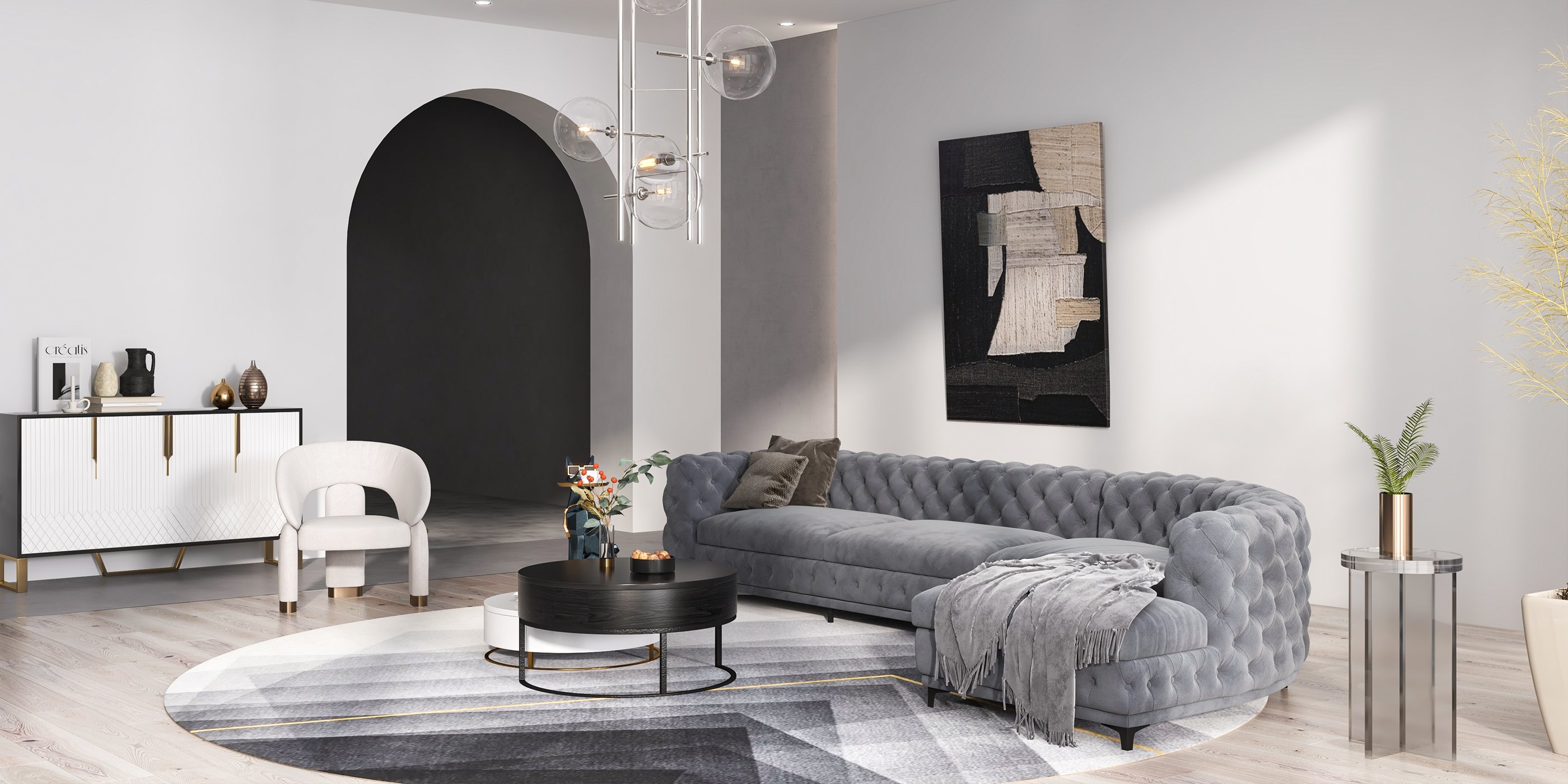 HMR - L-Shaped Curved Gray Sectional Sofa Upholstered Velvet Chesterfield Sofa