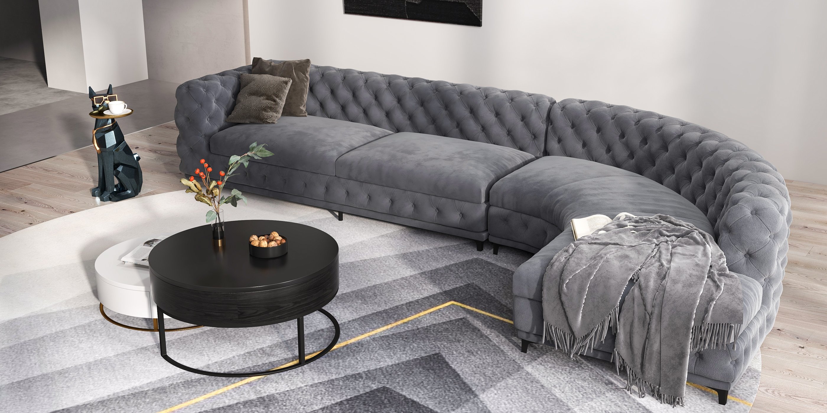 HMR - L-Shaped Curved Gray Sectional Sofa Upholstered Velvet Chesterfield Sofa