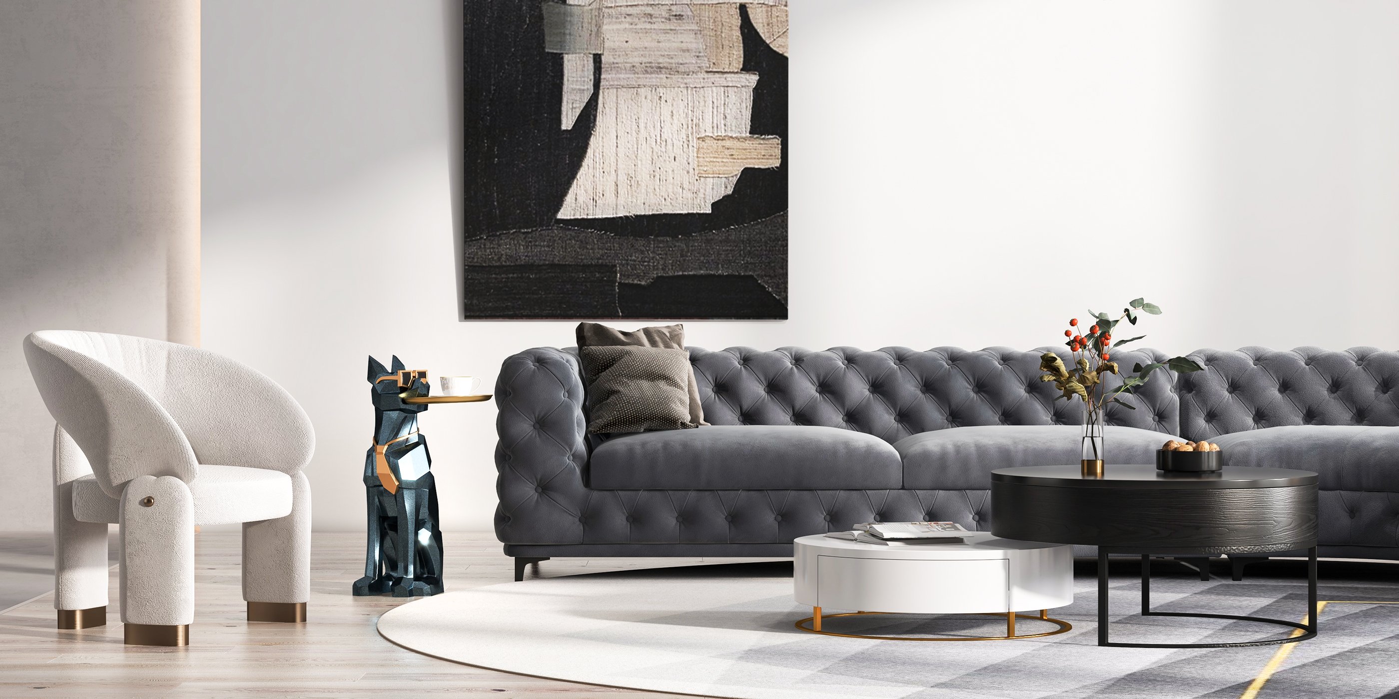 HMR - L-Shaped Curved Gray Sectional Sofa Upholstered Velvet Chesterfield Sofa