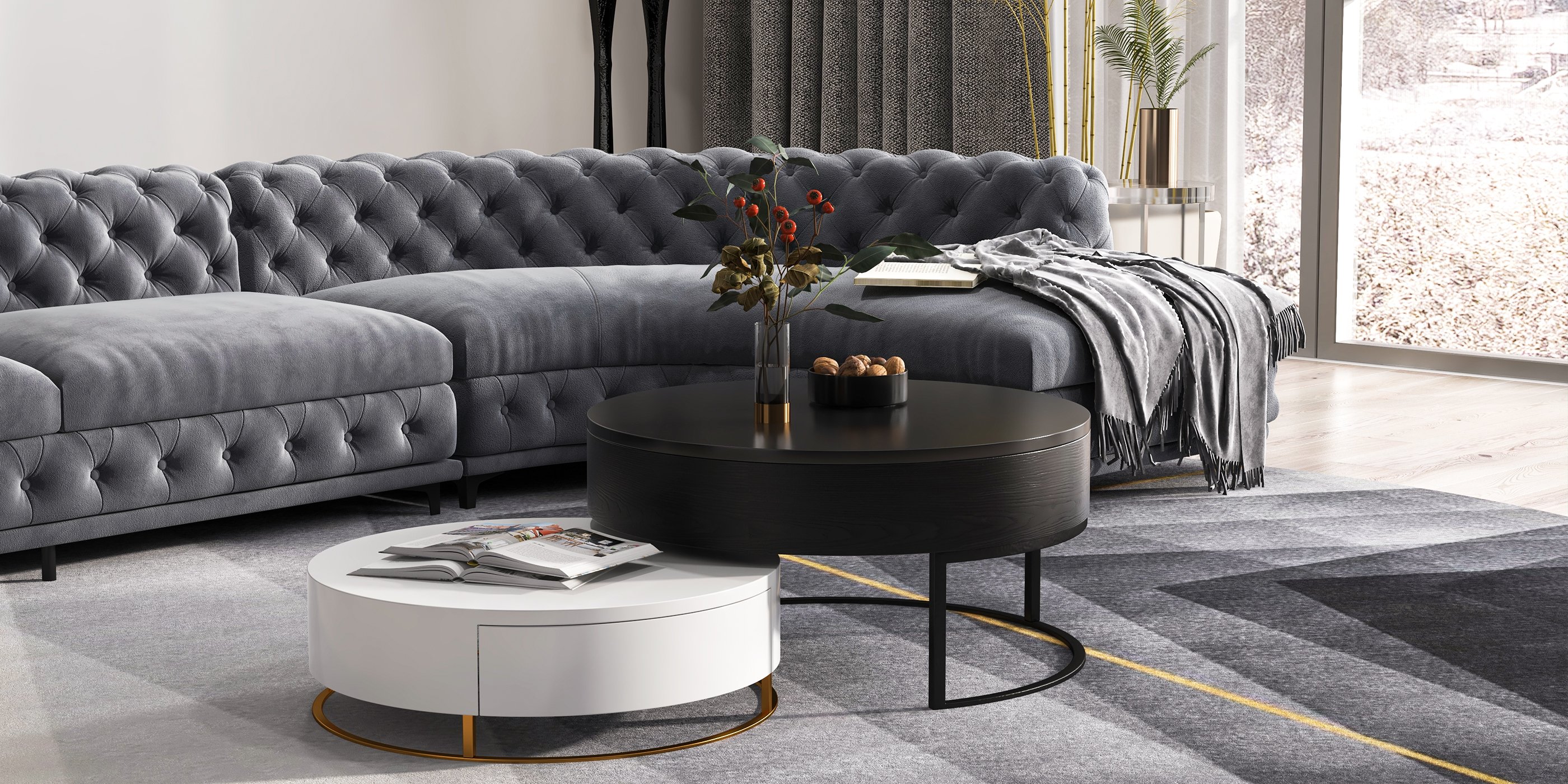 HMR - L-Shaped Curved Gray Sectional Sofa Upholstered Velvet Chesterfield Sofa