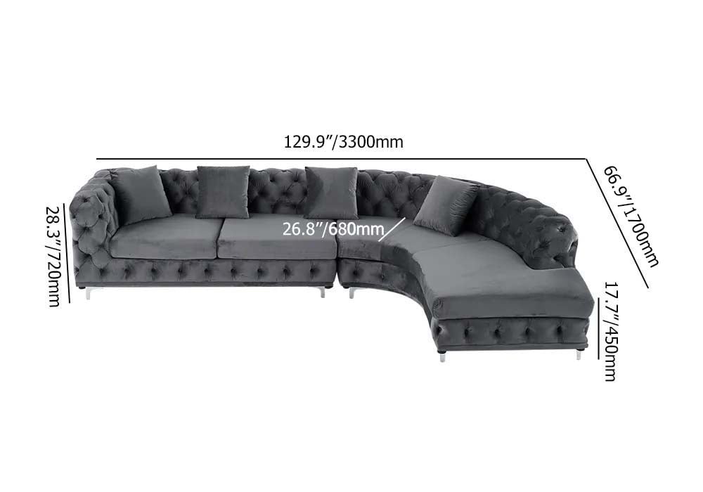 HMR - L-Shaped Curved Gray Sectional Sofa Upholstered Velvet Chesterfield Sofa